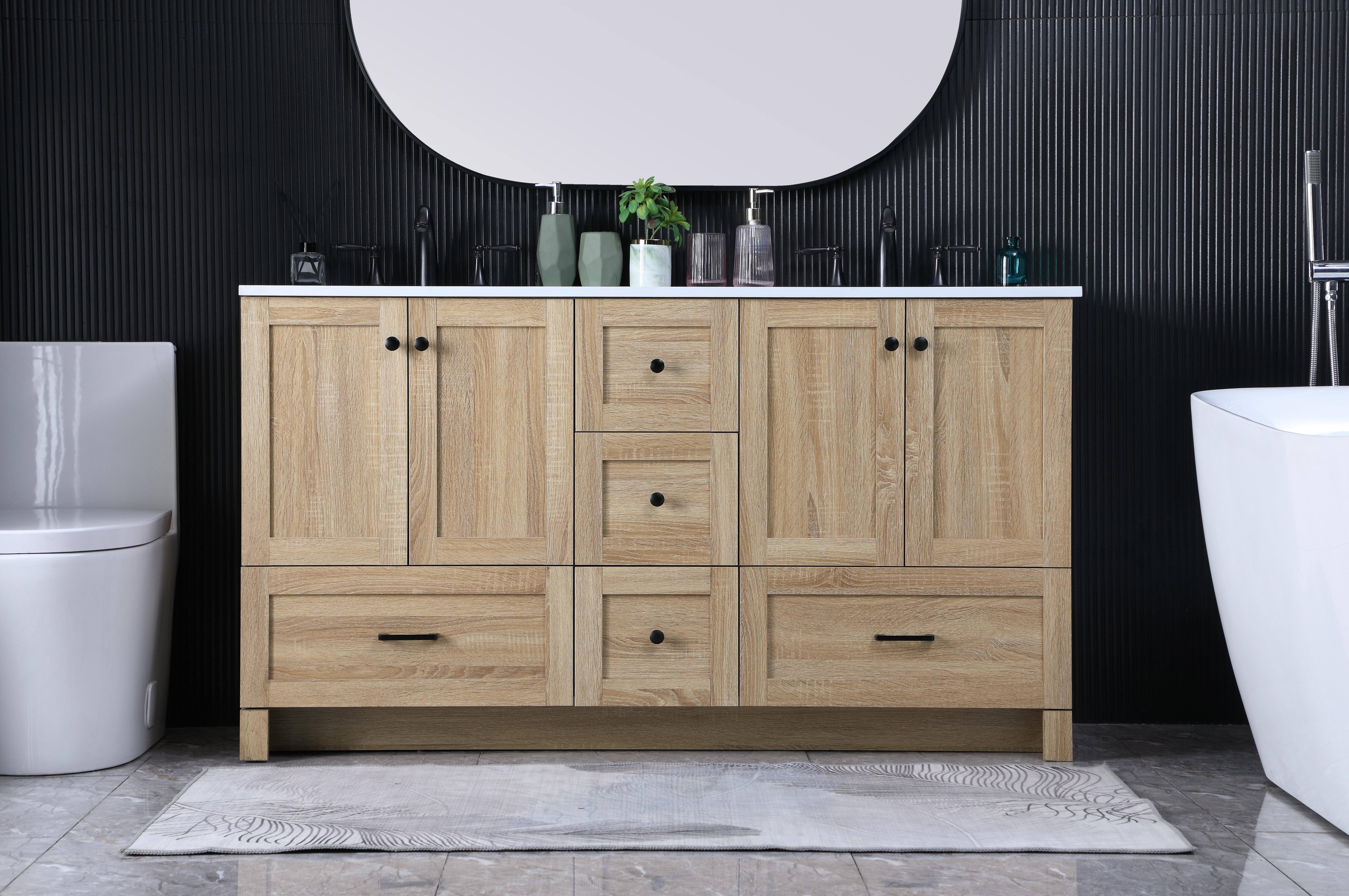 Dimensions
Length: 60"
Width: 19"
Height: 34"
Counter Top Length: 60"
Counter Top Width: 19"
Counter Top Height: 0.7"
Sink Width: 15.8"
Sink Depth: 10.9"
Sink Height: 8.25"
Sink Drain Hole Size: 1.77"
Faucet Hole Spacing: 8"3 Holes"
Specifications
Assembly Required: No
Base Material: MDF
Counter Top Edge Style: Straight
Counter Top Finish: Ivory White
Distressed Finish: NO
Drain Assembly Included: No
Faucet Included: No
Faucet Type: Widespread
Finish (Color): mango wood
Vanity Material: MDF
Hardware Finish: Black
Harware Material: Aluminum alloy
Number of Faucet Holes: 6
Number of Sinks: 2
Product Shape: Rectangle
Product Type: Bathroom Vanities
Product Warranty: 1 year limited
Sink Mounting Type: Undermount
Vanity Backsplash: NO
Vanity Mounting Type: Free-Standing
Weight: 218
Wire Included: No
Shipment type: LTL
US Shipping Cost: $251.00
Drawers
Drawers Included: Yes
Number of Drawers: 5
False Drawers: NO
Drawer Width: DW1:11.73
DW2:11.73
DW3:23.62
DW4:23.62
Drawer Depth: 14
Drawer Height: DW1:9.57
DW2:10
DW3:10
DW4:10
Drawer Handle Designs: DW1&DW2: Knob
DW3&DW4: Bar pulls
Cabinets
Number of Cabinets: 2
Cabinet Interior Width: 23.62
Cabinet Interior Depth: 17.2
Cabinet Interior Height: 19.45 - alternate view