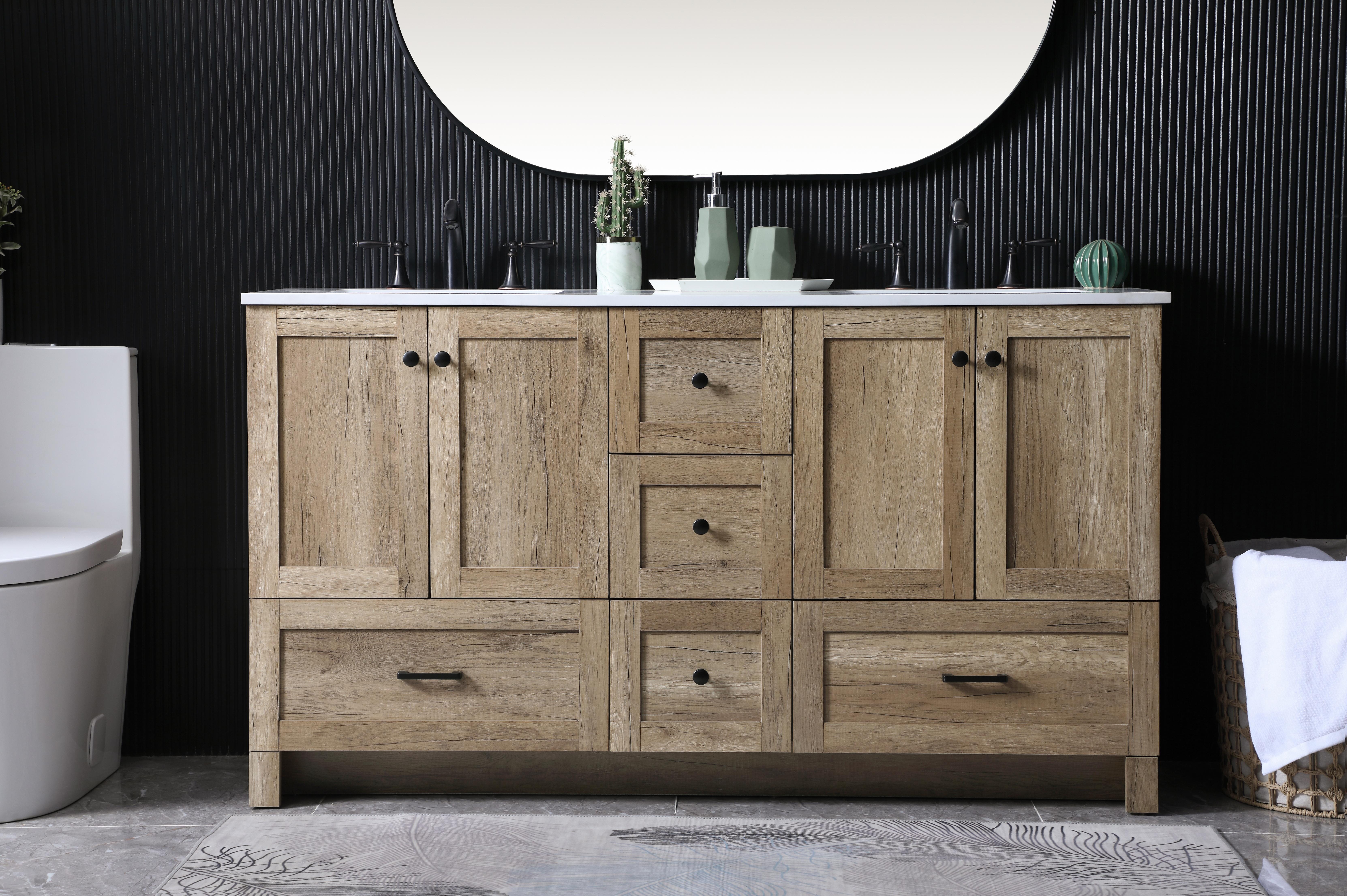 Dimensions
Length: 60"
Width: 19"
Height: 34"
Counter Top Length: 60"
Counter Top Width: 19"
Counter Top Height: 0.7"
Sink Width: 15.8"
Sink Depth: 10.9"
Sink Height: 7.875"
Sink Drain Hole Size: 1.77"
Faucet Hole Spacing: 8 inch"
Specifications
Assembly Required: NO
Counter Top Edge Style: Straight
Counter Top Finish: Ivory White
Distressed Finish: NO
Drain Assembly Included: NO
Faucet Included: NO
Finish (Color): Natural Oak
Vanity Material: MDF
Hardware Finish: Black
Harware Material: Aluminium alloy
Number of Faucet Holes: 6
Number of Sinks: 2
Product Shape: Rectangle
Product Type: Bathroom Vanities
Product Warranty: 1 year limited
Sink Mounting Type: Undermount
Vanity Backsplash: NO
Vanity Mounting Type: Free-Standing
Weight: 218
Wire Included: No
Shipment type: LTL
US Shipping Cost: $251.00
Drawers
Drawers Included: Yes
Number of Drawers: 5
False Drawers: NO
Drawer Width: DW1:11.73 DW2:11.73 DW3:23.62 DW4:23.62
Drawer Depth: DW1:14 DW2:14 DW3:14 DW4:14
Drawer Height: DW1:9.57 DW2:10 DW3:10 DW4:10
Drawer Handle Designs: DW1&DW2: Knob DW3&DW4: Bar pulls
Cabinets
Number of Cabinets: 2
Cabinet Interior Width: 23.62
Cabinet Interior Depth: 17.2
Cabinet Interior Height: 19.45 - alternate view