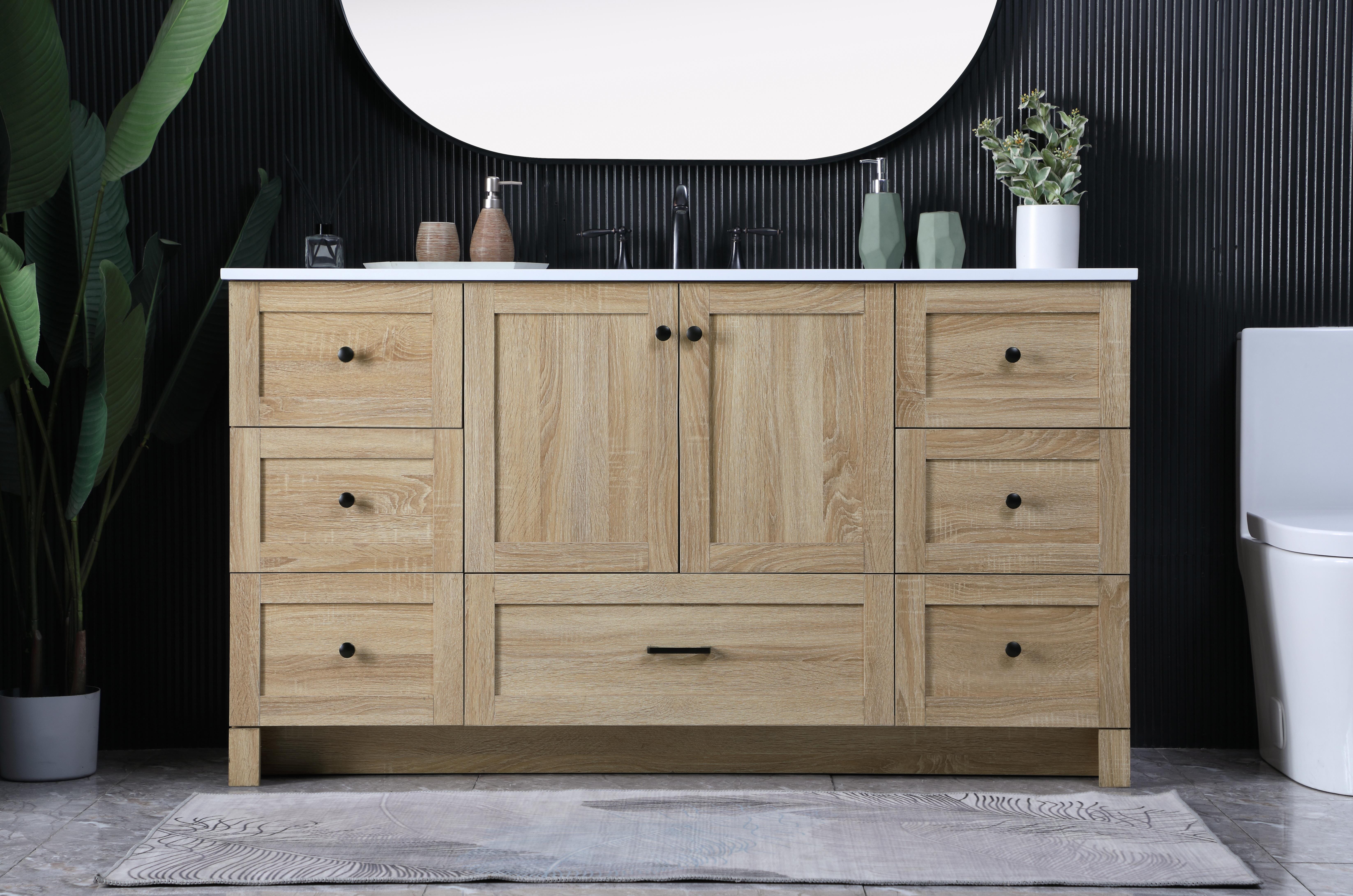 Dimensions
Length: 60"
Width: 19"
Height: 34"
Counter Top Length: 60"
Counter Top Width: 19"
Counter Top Height: 0.7"
Sink Width: 15.8"
Sink Depth: 10.9"
Sink Height: 8.25"
Sink Drain Hole Size: 1.77"
Faucet Hole Spacing: 8"3 Holes"
Specifications
Assembly Required: No
Base Material: MDF
Counter Top Edge Style: Straight
Counter Top Finish: Ivory White
Distressed Finish: NO
Drain Assembly Included: No
Faucet Included: No
Faucet Type: Widespread
Finish (Color): mango wood
Vanity Material: MDF
Hardware Finish: Black
Harware Material: Aluminum alloy
Number of Faucet Holes: 3
Number of Sinks: 1
Product Shape: Rectangle
Product Type: Bathroom Vanities
Product Warranty: 1 year limited
Sink Mounting Type: Undermount
Vanity Backsplash: NO
Vanity Mounting Type: Free-Standing
Weight: 223
Wire Included: No
Shipment type: LTL
US Shipping Cost: $251.00
Drawers
Drawers Included: Yes
Number of Drawers: 7
False Drawers: NO
Drawer Width: DW1:15.26
DW2:15.26
DW3:15.26
DW4:15.26
DW5:28.46
Drawer Depth: 14
Drawer Height: DW1:9.57
DW2:10
DW3:9.57
DW4:10
DW5:10
Drawer Handle Designs: DW1&DW2&DW3&DW4:Knob
DW5: Bar pulls
Cabinets
Number of Cabinets: 1
Cabinet Interior Width: 28.46
Cabinet Interior Depth: 17.2
Cabinet Interior Height: 19.45 - alternate view