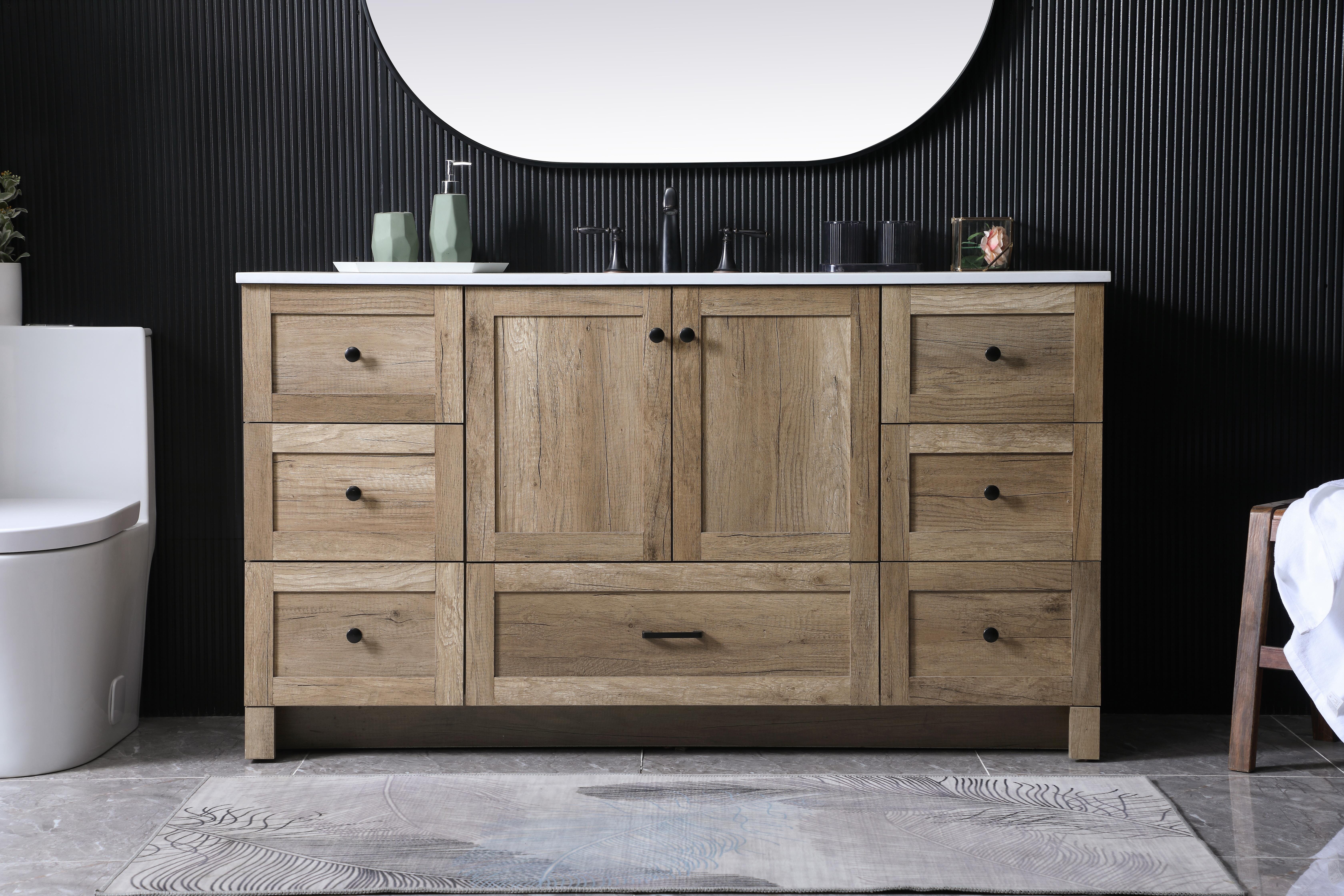 Dimensions
Length: 60"
Width: 19"
Height: 34"
Counter Top Length: 60"
Counter Top Width: 19"
Counter Top Height: 0.7"
Sink Width: 15.8"
Sink Depth: 10.9"
Sink Height: 7.875"
Sink Drain Hole Size: 1.77"
Faucet Hole Spacing: 8 inch"
Specifications
Assembly Required: NO
Counter Top Edge Style: Straight
Counter Top Finish: Ivory White
Distressed Finish: NO
Drain Assembly Included: NO
Faucet Included: NO
Finish (Color): Natural Oak
Vanity Material: MDF
Hardware Finish: Black
Harware Material: Aluminium alloy
Number of Faucet Holes: 3
Number of Sinks: 1
Product Shape: Rectangle
Product Type: Bathroom Vanities
Product Warranty: 1 year limited
Sink Mounting Type: Undermount
Vanity Backsplash: NO
Vanity Mounting Type: Free-Standing
Weight: 223
Wire Included: No
Shipment type: LTL
US Shipping Cost: $251.00
Drawers
Drawers Included: Yes
Number of Drawers: 7
False Drawers: NO
Drawer Width: DW1:15.26
DW2:15.26
DW3:15.26
DW4:15.26
DW5:28.46
Drawer Depth: DW1:14
DW2:14
DW3:14
DW4:14
DW5:14
Drawer Height: DW1:9.57
DW2:10
DW3:9.57
DW4:10
DW5:10
Drawer Handle Designs: DW1&DW2&DW3&DW4:Knob
DW5: Bar pulls
Cabinets
Number of Cabinets: 1
Cabinet Interior Width: 28.46
Cabinet Interior Depth: 17.2
Cabinet Interior Height: 19.45 - alternate view
