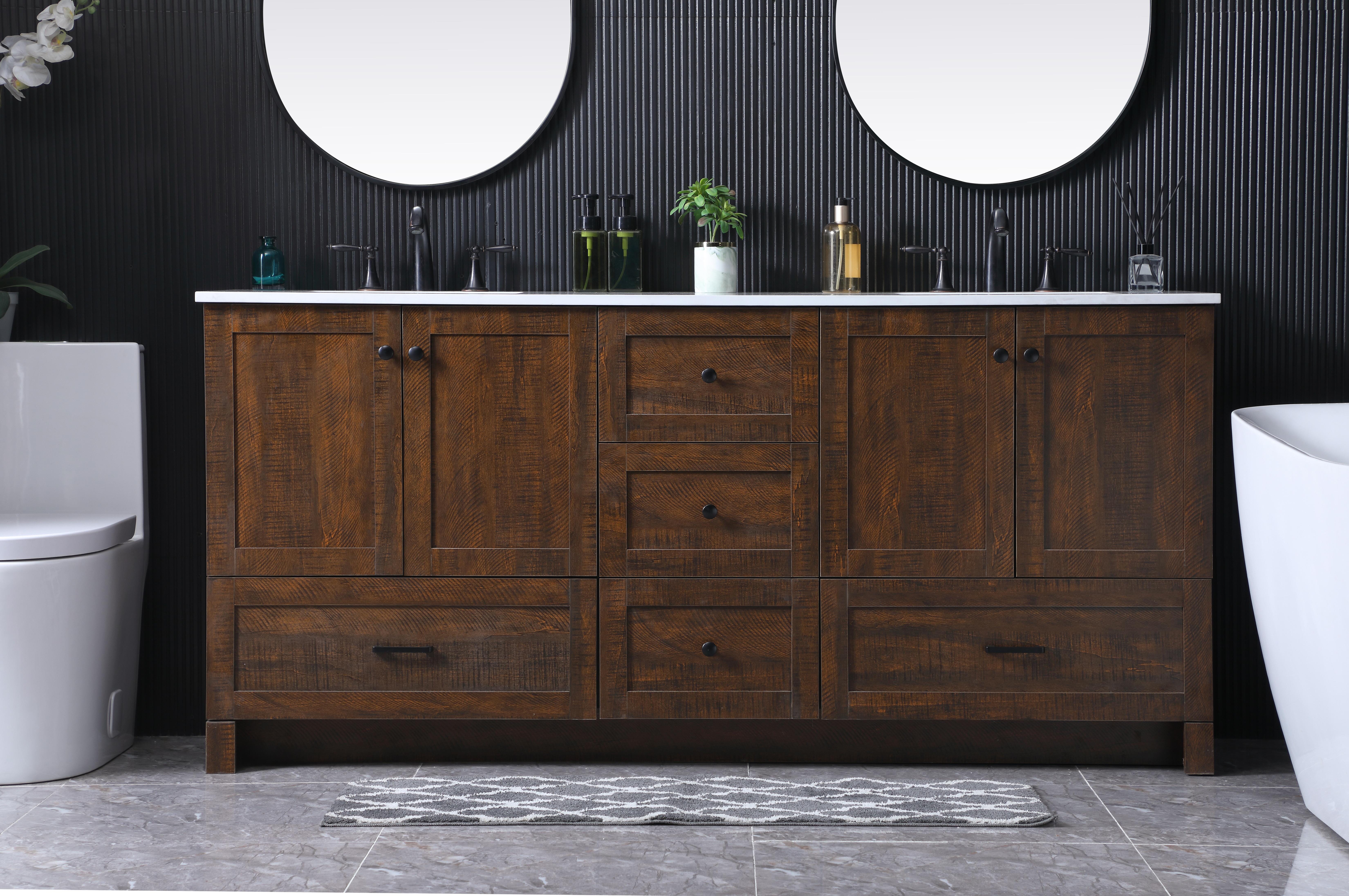 Dimensions
Length: 72"
Width: 19"
Height: 34"
Counter Top Length: 72"
Counter Top Width: 19"
Counter Top Height: 0.7"
Sink Width: 15.8"
Sink Depth: 10.9"
Sink Height: 7.875"
Sink Drain Hole Size: 1.77"
Faucet Hole Spacing: 8 inch"
Specifications
Assembly Required: NO
Counter Top Edge Style: Straight
Counter Top Finish: Ivory White
Distressed Finish: NO
Drain Assembly Included: NO
Faucet Included: NO
Finish (Color): Expresso
Vanity Material: MDF
Hardware Finish: Black
Harware Material: Aluminium alloy
Number of Faucet Holes: 6
Number of Sinks: 2
Product Shape: Rectangle
Product Type: Bathroom Vanities
Product Warranty: 1 year limited
Sink Mounting Type: Undermount
Vanity Backsplash: NO
Vanity Mounting Type: Free-Standing
Weight: 251
Wire Included: No
Shipment type: LTL
US Shipping Cost: $296.00
Drawers
Drawers Included: Yes
Number of Drawers: 5
False Drawers: NO
Drawer Width: DW1:15.71
DW2:15.71
DW3:27.64
DW4:27.64
Drawer Depth: DW1:14
DW2:14
DW3:14
DW4:14
Drawer Height: DW1:9.57
DW2:10
DW3:10
DW4:10
Drawer Handle Designs: DW1&DW2: Knob
DW3&DW4: Bar pulls
Cabinets
Number of Cabinets: 2
Cabinet Interior Width: 27.64
Cabinet Interior Depth: 17.2
Cabinet Interior Height: 19.45 - alternate view