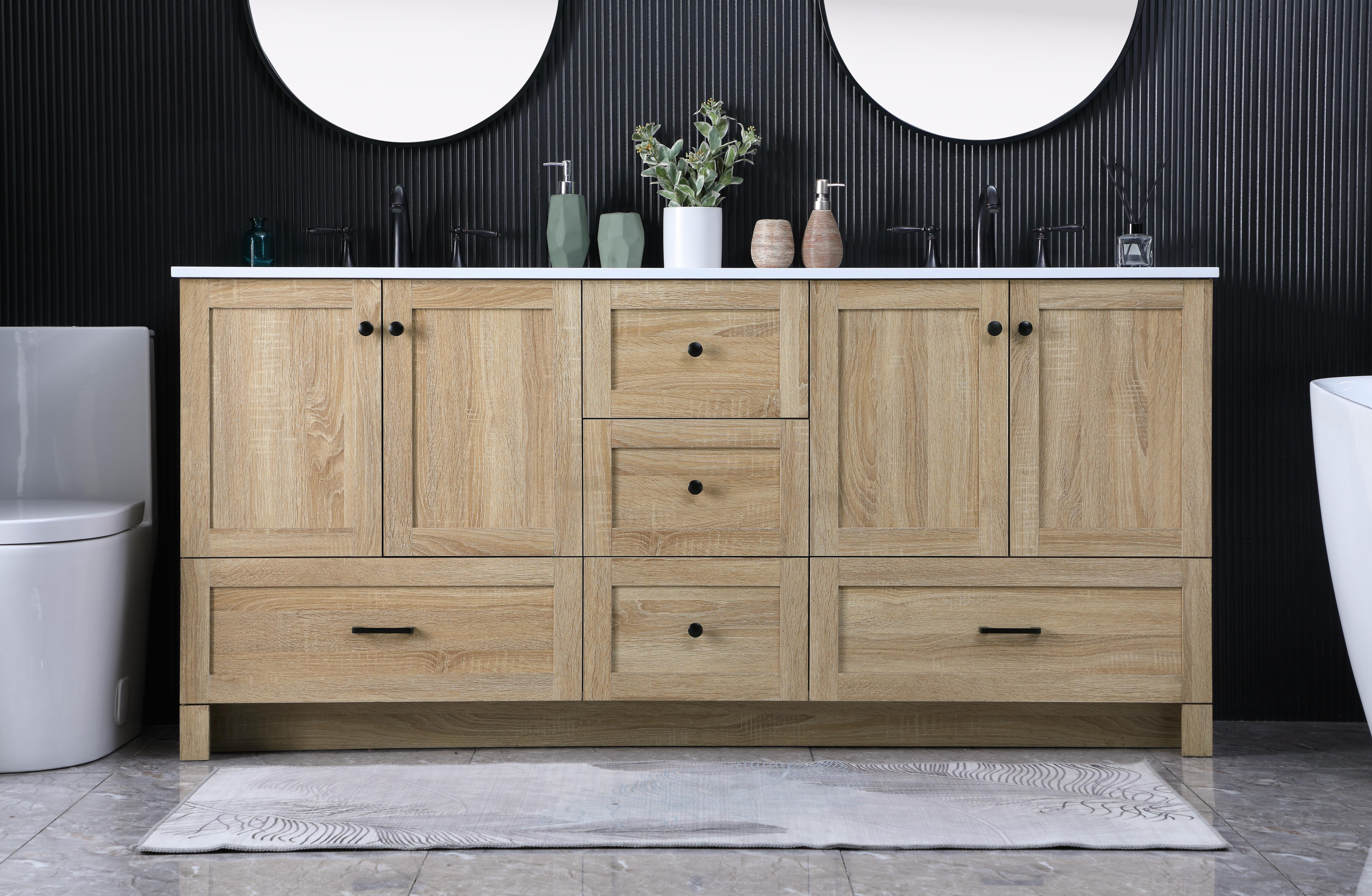Dimensions
Length: 72"
Width: 19"
Height: 34"
Counter Top Length: 72"
Counter Top Width: 19"
Counter Top Height: 0.7"
Sink Width: 15.8"
Sink Depth: 10.9"
Sink Height: 8.25"
Sink Drain Hole Size: 1.77"
Faucet Hole Spacing: 8"3 Holes"
Specifications
Assembly Required: No
Base Material: MDF
Counter Top Edge Style: Straight
Counter Top Finish: Ivory White
Distressed Finish: NO
Drain Assembly Included: No
Faucet Included: No
Faucet Type: Widespread
Finish (Color): mango wood
Vanity Material: MDF
Hardware Finish: Black
Harware Material: Aluminum alloy
Number of Faucet Holes: 6
Number of Sinks: 2
Product Shape: Rectangle
Product Type: Bathroom Vanities
Product Warranty: 1 year limited
Sink Mounting Type: Undermount
Vanity Backsplash: NO
Vanity Mounting Type: Free-Standing
Weight: 251
Wire Included: No
Shipment type: LTL
US Shipping Cost: $296.00
Drawers
Drawers Included: Yes
Number of Drawers: 5
False Drawers: NO
Drawer Width: DW1:15.71
DW2:15.71
DW3:27.64
DW4:27.64
Drawer Depth: 14
Drawer Height: DW1:9.57
DW2:10
DW3:10
DW4:10
Drawer Handle Designs: DW1&DW2: Knob
DW3&DW4: Bar pulls
Cabinets
Number of Cabinets: 2
Cabinet Interior Width: 27.64
Cabinet Interior Depth: 17.2
Cabinet Interior Height: 19.45 - alternate view