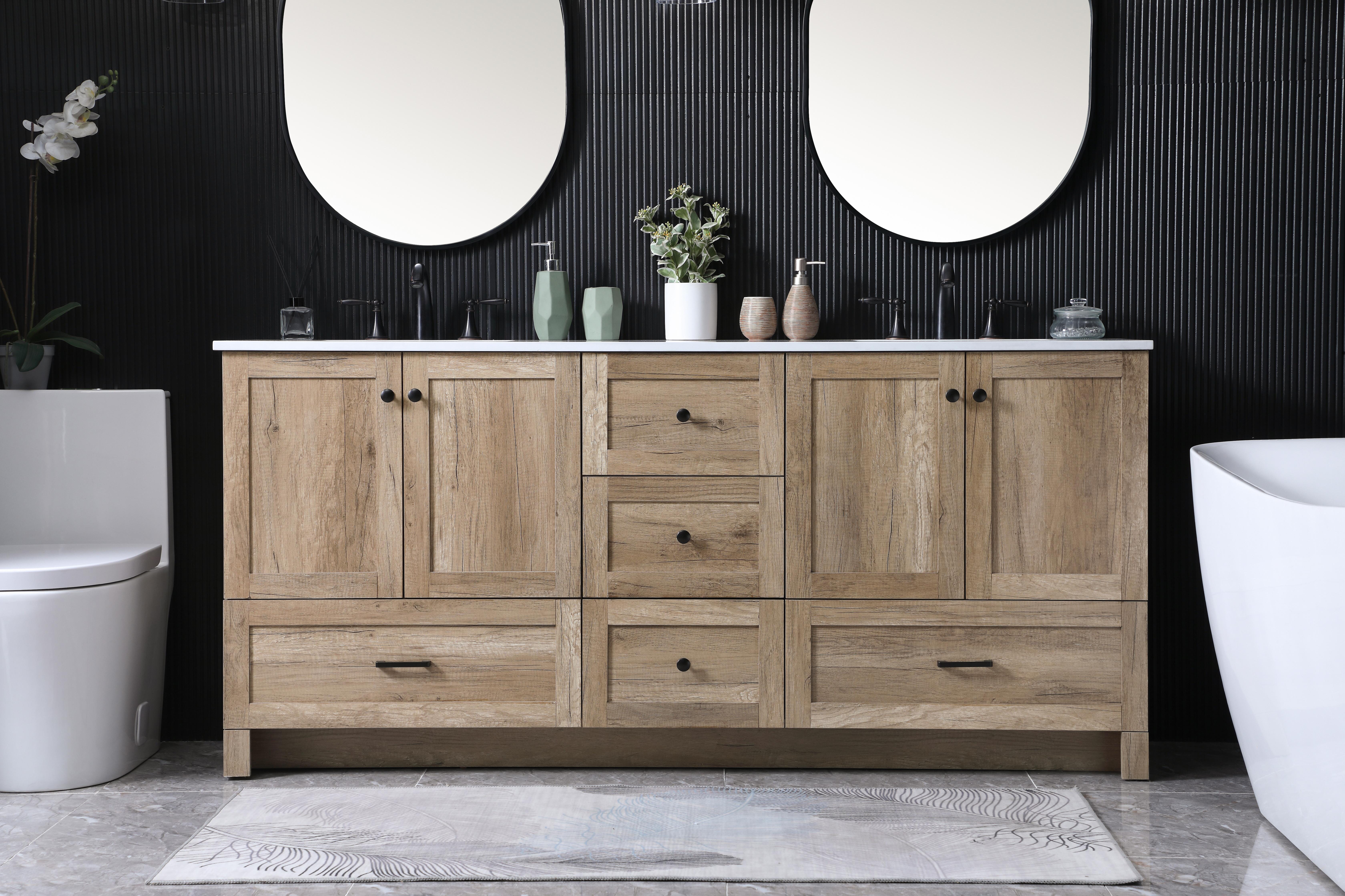 Dimensions
Length: 72"
Width: 19"
Height: 34"
Counter Top Length: 72"
Counter Top Width: 19"
Counter Top Height: 0.7"
Sink Width: 15.8"
Sink Depth: 10.9"
Sink Height: 7.875"
Sink Drain Hole Size: 1.77"
Faucet Hole Spacing: 8 inch"
Specifications
Assembly Required: NO
Counter Top Edge Style: Straight
Counter Top Finish: Ivory White
Distressed Finish: NO
Drain Assembly Included: NO
Faucet Included: NO
Finish (Color): Natural Oak
Vanity Material: MDF
Hardware Finish: Black
Harware Material: Aluminium alloy
Number of Faucet Holes: 6
Number of Sinks: 2
Product Shape: Rectangle
Product Type: Bathroom Vanities
Product Warranty: 1 year limited
Sink Mounting Type: Undermount
Vanity Backsplash: NO
Vanity Mounting Type: Free-Standing
Weight: 251
Wire Included: No
Shipment type: LTL
US Shipping Cost: $296.00
Drawers
Drawers Included: Yes
Number of Drawers: 5
False Drawers: NO
Drawer Width: DW1:15.71
DW2:15.71
DW3:27.64
DW4:27.64
Drawer Depth: DW1:14
DW2:14
DW3:14
DW4:14
Drawer Height: DW1:9.57
DW2:10
DW3:10
DW4:10
Drawer Handle Designs: DW1&DW2: Knob
DW3&DW4: Bar pulls
Cabinets
Number of Cabinets: 2
Cabinet Interior Width: 27.64
Cabinet Interior Depth: 17.2
Cabinet Interior Height: 19.45 - alternate view
