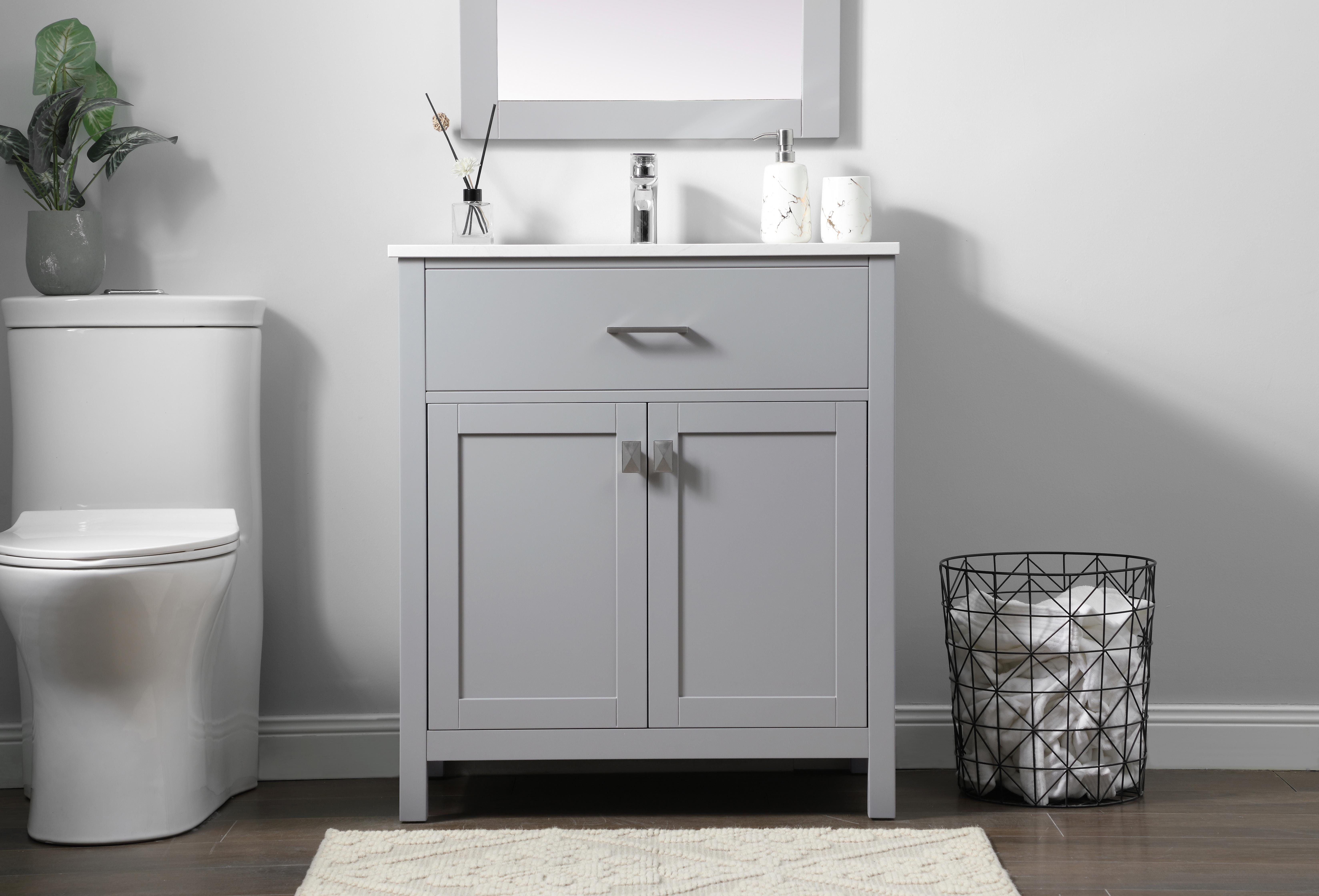 Dimensions
Length: 30"
Width: 19"
Height: 34"
Counter Top Length: 30"
Counter Top Width: 19"
Counter Top Height: 0.71"
Sink Width: 15.35"
Sink Depth: 10.24"
Sink Height: 8.25"
Sink Drain Hole Size: 1.77"
Faucet Hole Spacing: 1 Hole"
Specifications
Assembly Required: NO
Counter Top Edge Style: Straight
Counter Top Finish: Calacatta white
Distressed Finish: NO
Drain Assembly Included: NO
Faucet Included: NO
Finish (Color): Grey
Vanity Material: Solid Wood and MDF
Hardware Finish: brushed nickel
Harware Material: Aluminum alloy
Number of Faucet Holes: 1
Number of Sinks: 1
Product Shape: Rectangle
Product Type: Bathroom Vanities
Product Warranty: 1 year limited
Sink Mounting Type: Undermount
Vanity Backsplash: NO
Vanity Mounting Type: Free-Standing
Weight: 90
Wire Included: No
Wood Type: Rubberwood
Shipment type: Oversized Ground
US Shipping Cost: $142.00
Drawers
Drawers Included: NO
Number of Drawers: 0
False Drawers: YES
Cabinets
Number of Cabinets: 1
Cabinet Interior Width: 26.97
Cabinet Interior Depth: 17.24
Cabinet Interior Height: 27.83 - alternate view