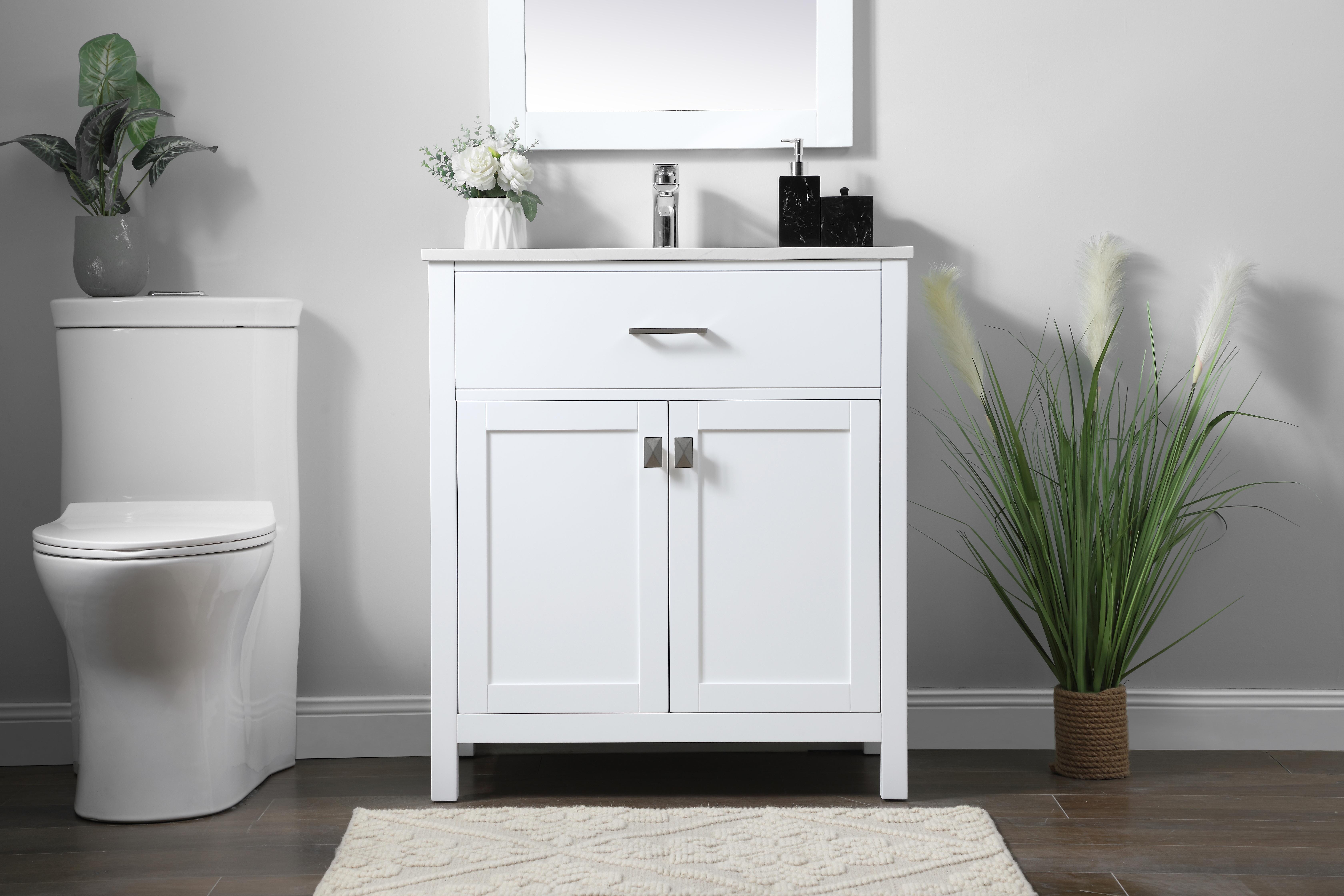 The Harrison vanity combines engineered marble sophistication with practical storage in a space-efficient 30-inch footprint. Soft-close doors, undermount sink, and open shelf design make it ideal for smaller bathrooms seeking style and function. - alternate view