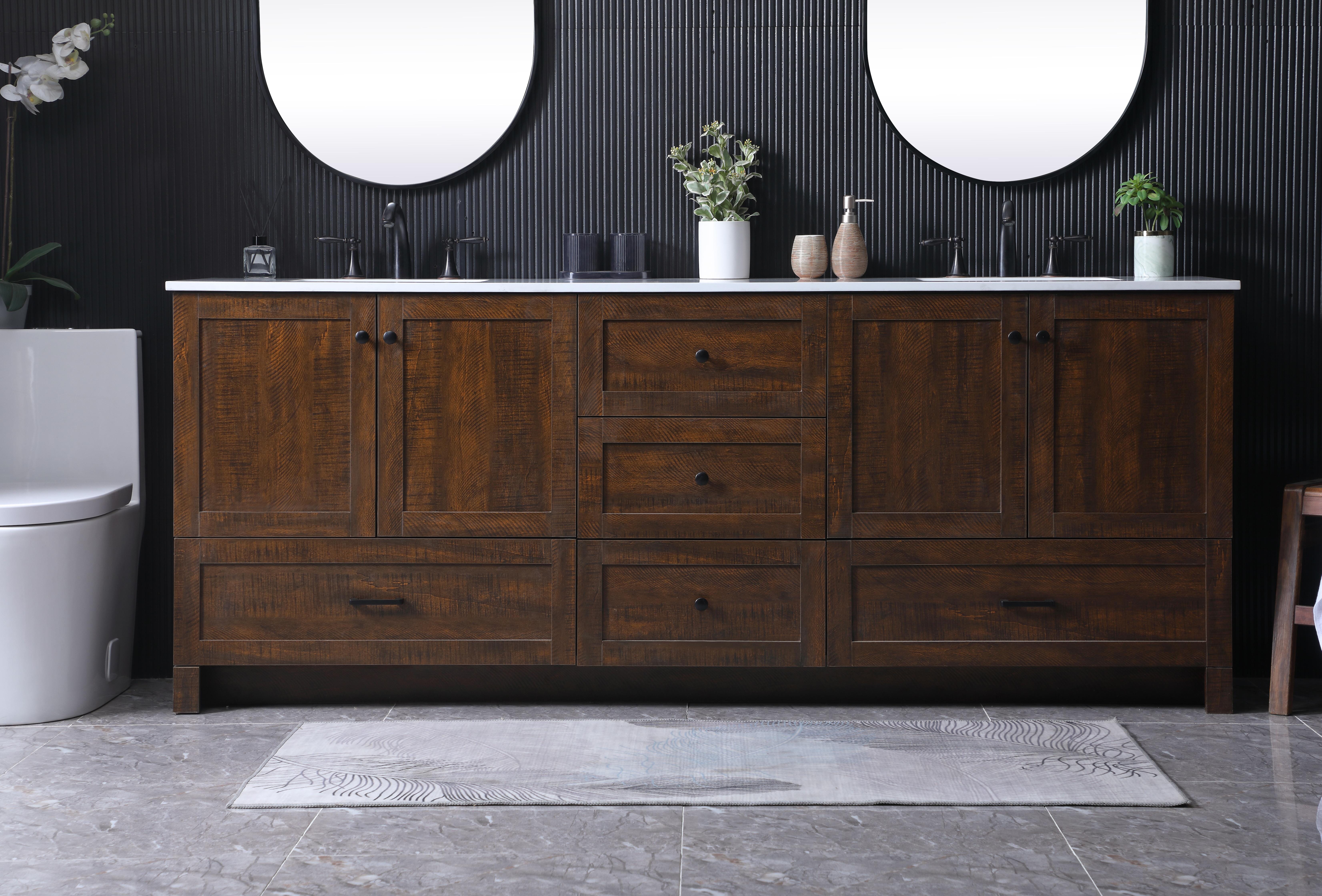 Dimensions
Length: 84"
Width: 19"
Height: 34"
Counter Top Length: 84"
Counter Top Width: 19"
Counter Top Height: 0.7"
Sink Width: 15.8"
Sink Depth: 10.9"
Sink Height: 7.875"
Sink Drain Hole Size: 1.77"
Faucet Hole Spacing: 8 inch"
Specifications
Assembly Required: NO
Counter Top Edge Style: Straight
Counter Top Finish: Ivory White
Distressed Finish: NO
Drain Assembly Included: NO
Faucet Included: NO
Finish (Color): Expresso
Vanity Material: MDF
Hardware Finish: Black
Harware Material: Aluminium alloy
Number of Faucet Holes: 6
Number of Sinks: 2
Product Shape: Rectangle
Product Type: Bathroom Vanities
Product Warranty: 1 year limited
Sink Mounting Type: Undermount
Vanity Backsplash: NO
Vanity Mounting Type: Free-Standing
Weight: 284
Wire Included: No
Shipment type: LTL
US Shipping Cost: $142.00
Drawers
Drawers Included: Yes
Number of Drawers: 5
False Drawers: NO
Drawer Width: DW1:19.84
DW2:19.84
DW3:31.57
DW4:31.57
Drawer Depth: DW1:14
DW2:14
DW3:14
DW4:14
Drawer Height: DW1:9.57
DW2:10
DW3:10
DW4:10
Drawer Handle Designs: DW1&DW2: Knob
DW3&DW4: Bar pulls
Cabinets
Number of Cabinets: 2
Cabinet Interior Width: 31.57
Cabinet Interior Depth: 17.2
Cabinet Interior Height: 19.45 - alternate view