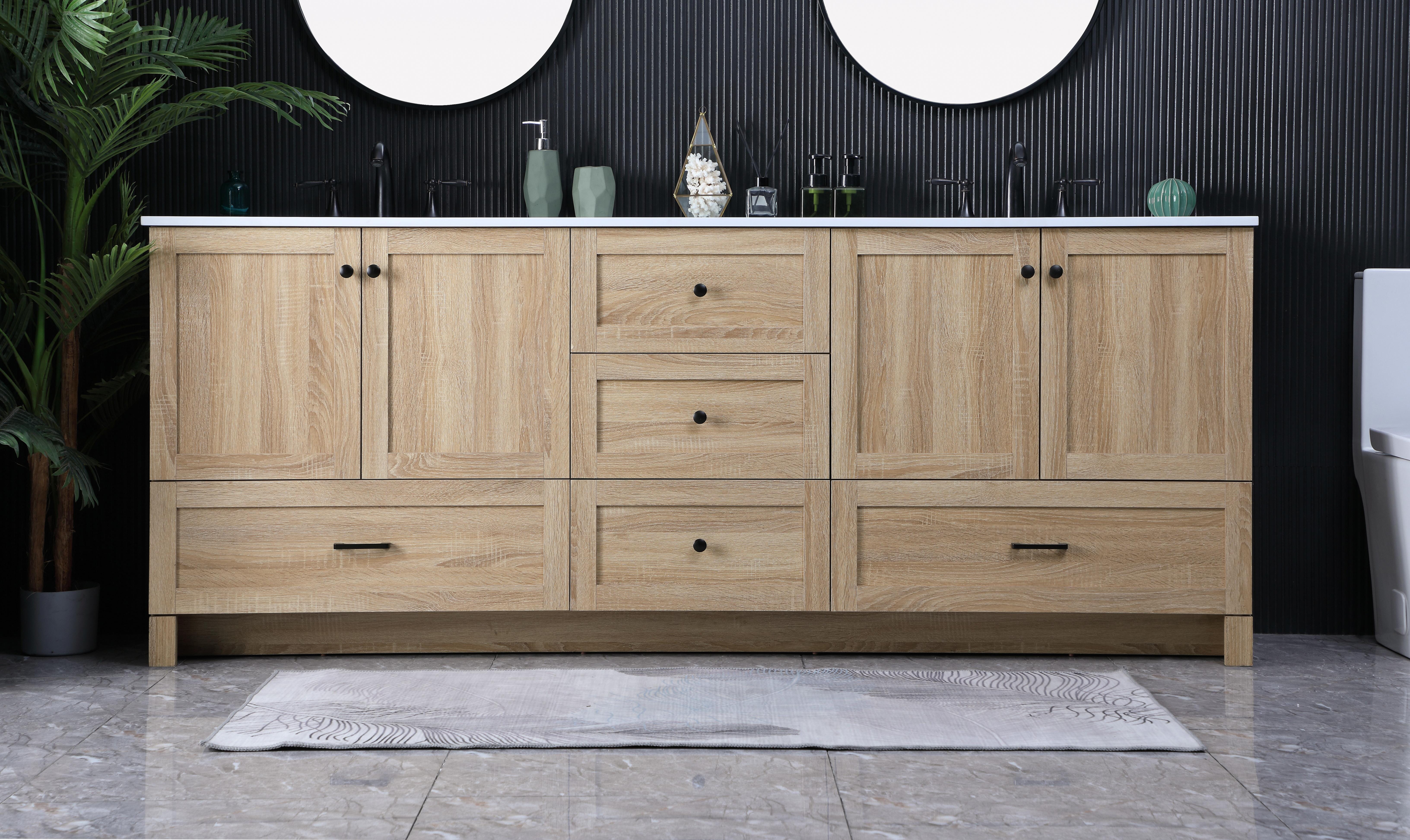 Dimensions
Length: 84"
Width: 19"
Height: 34"
Counter Top Length: 84"
Counter Top Width: 19"
Counter Top Height: 0.7"
Sink Width: 15.8"
Sink Depth: 10.9"
Sink Height: 8.25"
Sink Drain Hole Size: 1.77"
Faucet Hole Spacing: 8"3 Holes"
Specifications
Assembly Required: No
Base Material: MDF
Counter Top Edge Style: Straight
Counter Top Finish: Ivory White
Distressed Finish: NO
Drain Assembly Included: No
Faucet Included: No
Faucet Type: Widespread
Finish (Color): mango wood
Vanity Material: MDF
Hardware Finish: Black
Harware Material: Aluminum alloy
Number of Faucet Holes: 6
Number of Sinks: 2
Product Shape: Rectangle
Product Type: Bathroom Vanities
Product Warranty: 1 year limited
Sink Mounting Type: Undermount
Vanity Backsplash: NO
Vanity Mounting Type: Free-Standing
Weight: 284
Wire Included: No
Shipment type: LTL
US Shipping Cost: $142.00
Drawers
Drawers Included: Yes
Number of Drawers: 5
False Drawers: NO
Drawer Width: DW1:19.84
DW2:19.84
DW3:31.57
DW4:31.57
Drawer Depth: 14
Drawer Height: DW1:9.57
DW2:10
DW3:10
DW4:10
Drawer Handle Designs: DW1&DW2: Knob
DW3&DW4: Bar pulls
Cabinets
Number of Cabinets: 2
Cabinet Interior Width: 31.57
Cabinet Interior Depth: 17.2
Cabinet Interior Height: 19.45 - alternate view