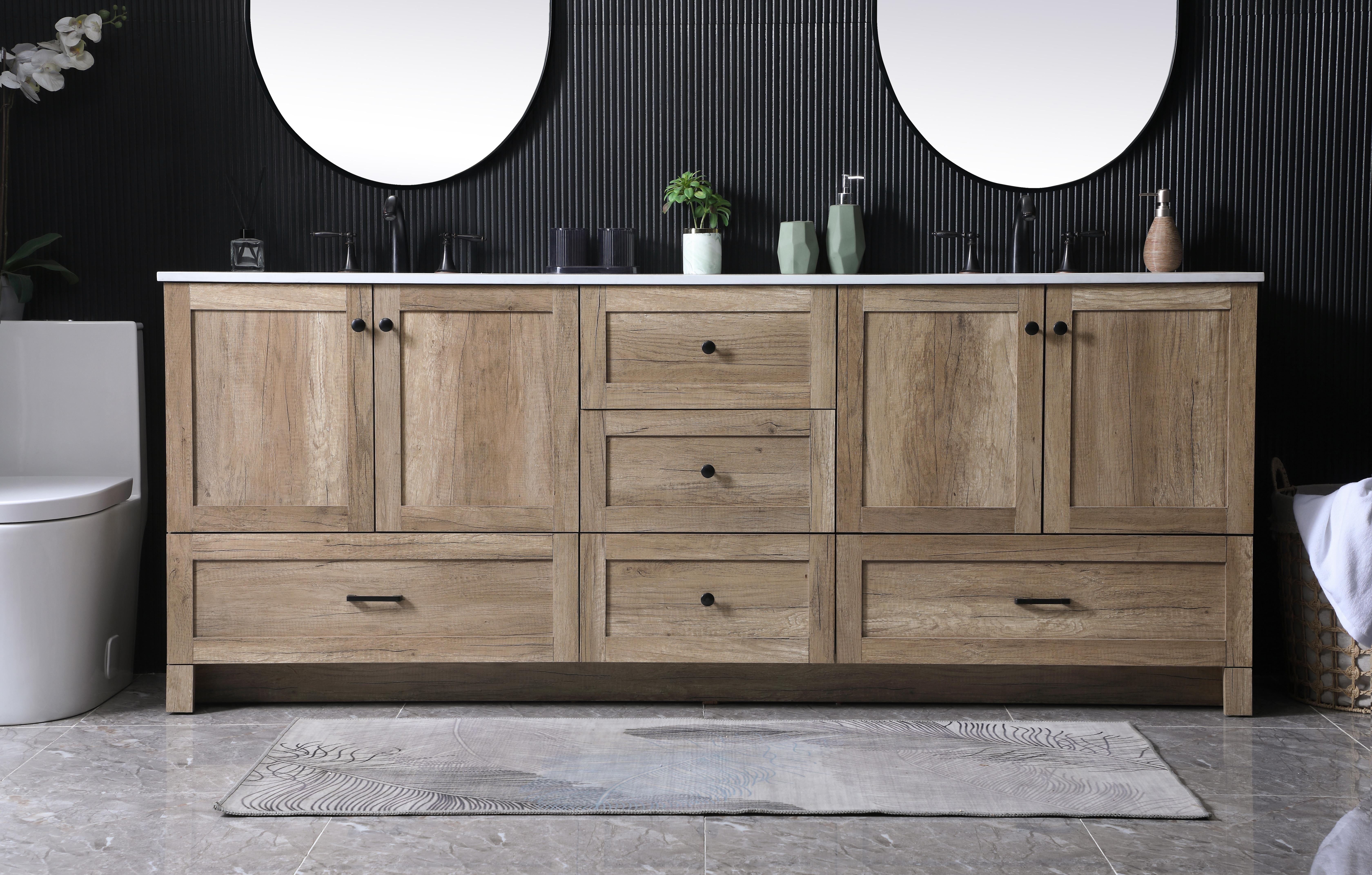 Dimensions
Length: 84"
Width: 19"
Height: 34"
Counter Top Length: 84"
Counter Top Width: 19"
Counter Top Height: 0.7"
Sink Width: 15.8"
Sink Depth: 10.9"
Sink Height: 7.875"
Sink Drain Hole Size: 1.77"
Faucet Hole Spacing: 8 inch"
Specifications
Assembly Required: NO
Counter Top Edge Style: Straight
Counter Top Finish: Ivory White
Distressed Finish: NO
Drain Assembly Included: NO
Faucet Included: NO
Finish (Color): Natural Oak
Vanity Material: MDF
Hardware Finish: Black
Harware Material: Aluminium alloy
Number of Faucet Holes: 6
Number of Sinks: 2
Product Shape: Rectangle
Product Type: Bathroom Vanities
Product Warranty: 1 year limited
Sink Mounting Type: Undermount
Vanity Backsplash: NO
Vanity Mounting Type: Free-Standing
Weight: 284
Wire Included: No
Shipment type: LTL
US Shipping Cost: $142.00
Drawers
Drawers Included: Yes
Number of Drawers: 5
False Drawers: NO
Drawer Width: DW1:19.84
DW2:19.84
DW3:31.57
DW4:31.57
Drawer Depth: DW1:14
DW2:14
DW3:14
DW4:14
Drawer Height: DW1:9.57
DW2:10
DW3:10
DW4:10
Drawer Handle Designs: DW1&DW2: Knob
DW3&DW4: Bar pulls
Cabinets
Number of Cabinets: 2
Cabinet Interior Width: 31.57
Cabinet Interior Depth: 17.2
Cabinet Interior Height: 19.45 - alternate view