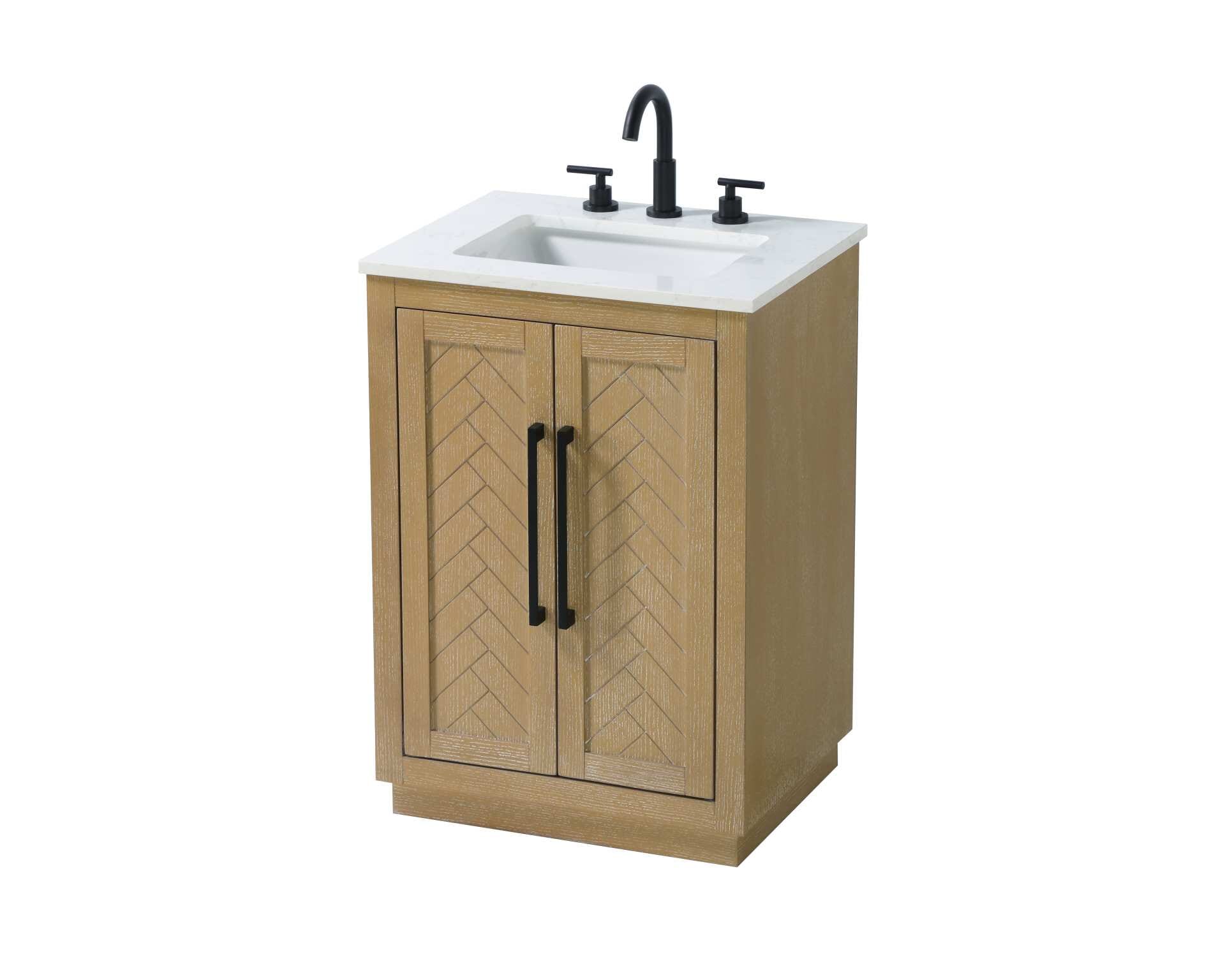 This transitional bathroom vanity offers the perfect blend of timeless style and modern functionality. Available in five refined finishes—crisp white, sleek grey, chocolate oak, honey oak, and linen oak—it complements a range of decor styles, from classic to contemporary. The stunning herringbone design on the Shaker-style door panels adds texture and craftsmanship to the piece. Topped with a white engineered marble countertop featuring subtle veining, it provides both beauty and durability. The long black metal pulls on the soft-closing doors add sleek, modern detailing. Practical features include a concealed overflow, a back panel cutout for easy plumbing installation, and a U-shaped cutout shelf to fit plumbing while maximizing storage space. With a toe kick all around the base, this vanity is thoughtfully designed to blend form and function in any bathroom setting. Collection: Chase Rooms: bathroom Finish: Linen Oak Width: 19.00" Height: 34.00" Length: 24.00" Weight: 78.00 lb Material: Solid wood and MDF Country of Origin: Vietnam Manufacturer Warranty: 1 year limited - alternate view