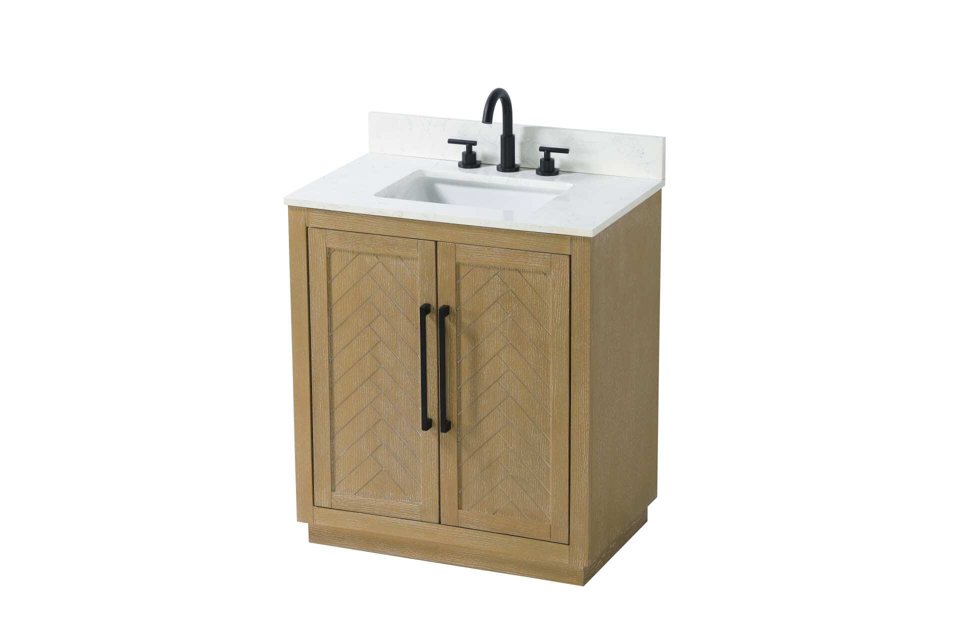 Dimensions
Length: 30"
Width: 19"
Height: 34"
Counter Top Length: 30"
Counter Top Width: 19"
Counter Top Height: 0.7"
Sink Width: 15.8"
Sink Depth: 10.9"
Sink Height: 8.25"
Sink Drain Hole Size: 1.77"
Faucet Hole Spacing: 8"3 Holes"
Specifications
Assembly Required: NO
Base Material: Solid wood and MDF
Counter Top Edge Style: Straight
Counter Top Finish: Marble white
Distressed Finish: YES
Drain Assembly Included: NO
Faucet Included: NO
Faucet Type: Widespread
Finish (Color): Linen Oak
Vanity Material: Solid Wood and MDF
Hardware Finish: Matte Black
Harware Material: Aluminum alloy
Number of Faucet Holes: 3
Number of Sinks: 1
Product Shape: Rectangle
Product Type: Bathroom Vanities
Product Warranty: 1 year limited
Sink Mounting Type: Undermount
Vanity Backsplash: NO
Vanity Mounting Type: Free-Standing
Weight: 91
Wire Included: No
Wood Type: Rubberwood
Shipment type: Oversized Ground
Drawers
Drawers Included: NO
Shelves
Number of Shelves: 1
Shelf Width: 25.7
Cabinets
Number of Cabinets: 1
Cabinet Interior Width: 25.7
Cabinet Interior Depth: 18.6
Cabinet Interior Height: 29.1 - alternate view