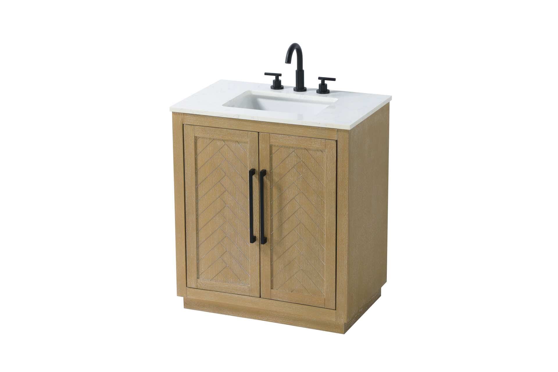 This transitional bathroom vanity offers the perfect blend of timeless style and modern functionality. Available in five refined finishes—crisp white, sleek grey, chocolate oak, honey oak, and linen oak—it complements a range of decor styles, from classic to contemporary. The stunning herringbone design on the Shaker-style door panels adds texture and craftsmanship to the piece. Topped with a white engineered marble countertop featuring subtle veining, it provides both beauty and durability. The long black metal pulls on the soft-closing doors add sleek, modern detailing. Practical features include a concealed overflow, a back panel cutout for easy plumbing installation, and a U-shaped cutout shelf to fit plumbing while maximizing storage space. With a toe kick all around the base, this vanity is thoughtfully designed to blend form and function in any bathroom setting. Collection: Chase Rooms: bathroom Finish: Linen Oak Width: 19.00" Height: 34.00" Length: 30.00" Weight: 91.00 lb Material: Solid wood and MDF Country of Origin: Vietnam Manufacturer Warranty: 1 year limited - alternate view