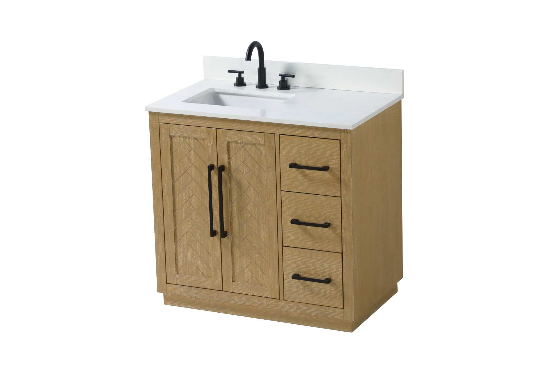 Dimensions
Length: 36"
Width: 21.5"
Height: 34"
Counter Top Length: 36"
Counter Top Width: 21.5"
Counter Top Height: 0.7"
Sink Width: 15.8"
Sink Depth: 10.9"
Sink Height: 8.25"
Sink Drain Hole Size: 1.77"
Faucet Hole Spacing: 8"3 Holes"
Specifications
Assembly Required: NO
Base Material: Solid wood and MDF
Counter Top Edge Style: Straight
Counter Top Finish: Marble white
Distressed Finish: YES
Drain Assembly Included: NO
Faucet Included: NO
Faucet Type: Widespread
Finish (Color): Linen Oak
Vanity Material: Solid Wood and MDF
Hardware Finish: Matte Black
Harware Material: Aluminum alloy
Number of Faucet Holes: 3
Number of Sinks: 1
Product Shape: Rectangle
Product Type: Bathroom Vanities
Product Warranty: 1 year limited
Sink Mounting Type: Undermount
Vanity Backsplash: NO
Vanity Mounting Type: Free-Standing
Weight: 152
Wire Included: No
Wood Type: Rubberwood
Shipment type: LTL
Drawers
Drawers Included: Yes
Number of Drawers: 3
False Drawers: NO
Drawer Width: 10.91
Drawer Depth: 14
Drawer Height: 8.94
Drawer Handle Designs: Bar pulls
Shelves
Number of Shelves: 1
Shelf Width: 20.6
Cabinets
Number of Cabinets: 1
Cabinet Interior Width: 20.6
Cabinet Interior Depth: 21.1
Cabinet Interior Height: 29.1 - alternate view
