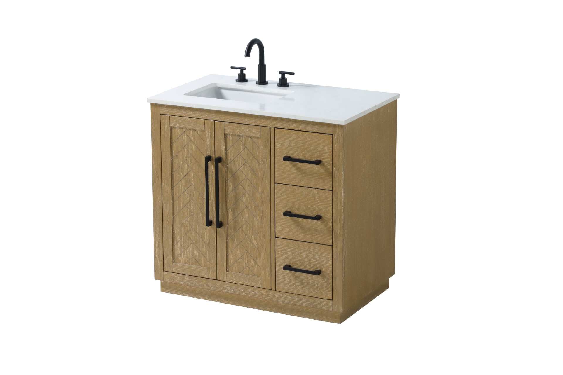 This transitional bathroom vanity offers the perfect blend of timeless style and modern functionality. Available in five refined finishes—crisp white, sleek grey, chocolate oak, honey oak, and linen oak—it complements a range of decor styles, from classic to contemporary. The stunning herringbone design on the Shaker-style door panels adds texture and craftsmanship to the piece. Topped with a white engineered marble countertop featuring subtle veining, it provides both beauty and durability. The long black metal pulls on the soft-closing doors and the thin bar pulls on the drawers add sleek, modern detailing. Practical features include a concealed overflow, a back panel cutout for easy plumbing installation, and a U-shaped cutout shelf to fit plumbing while maximizing storage space. With a toe kick all around the base, this vanity is thoughtfully designed to blend form and function in any bathroom setting. Collection: Chase Rooms: bathroom Finish: Linen Oak Width: 21.50" Height: 34.00" Length: 36.00" Weight: 152.00 lb Material: Solid wood and MDF Country of Origin: Vietnam Manufacturer Warranty: 1 year limited - alternate view