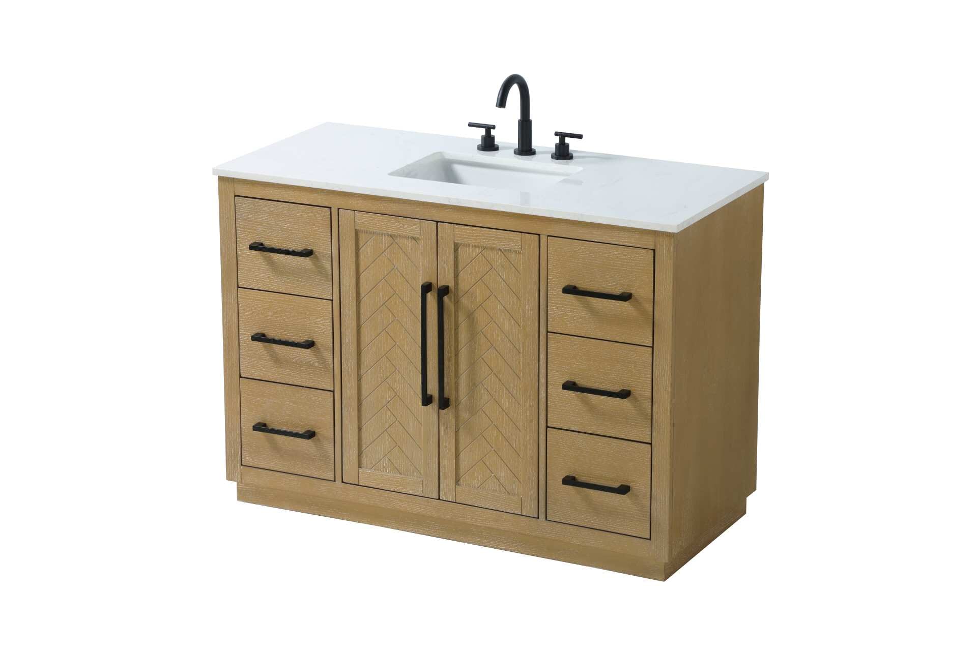 This transitional bathroom vanity offers the perfect blend of timeless style and modern functionality. Available in five refined finishes—crisp white, sleek grey, chocolate oak, honey oak, and linen oak—it complements a range of decor styles, from classic to contemporary. The stunning herringbone design on the Shaker-style door panels adds texture and craftsmanship to the piece. Topped with a white engineered marble countertop featuring subtle veining, it provides both beauty and durability. The long black metal pulls on the soft-closing doors and the thin bar pulls on the drawers add sleek, modern detailing. Practical features include a concealed overflow, a back panel cutout for easy plumbing installation, and a U-shaped cutout shelf to fit plumbing while maximizing storage space. With a toe kick all around the base, this vanity is thoughtfully designed to blend form and function in any bathroom setting. Collection: Chase Rooms: bathroom Finish: Linen Oak Width: 21.50" Height: 34.00" Length: 48.00" Weight: 222.00 lb Material: Solid wood and MDF Country of Origin: Vietnam Manufacturer Warranty: 1 year limited - alternate view