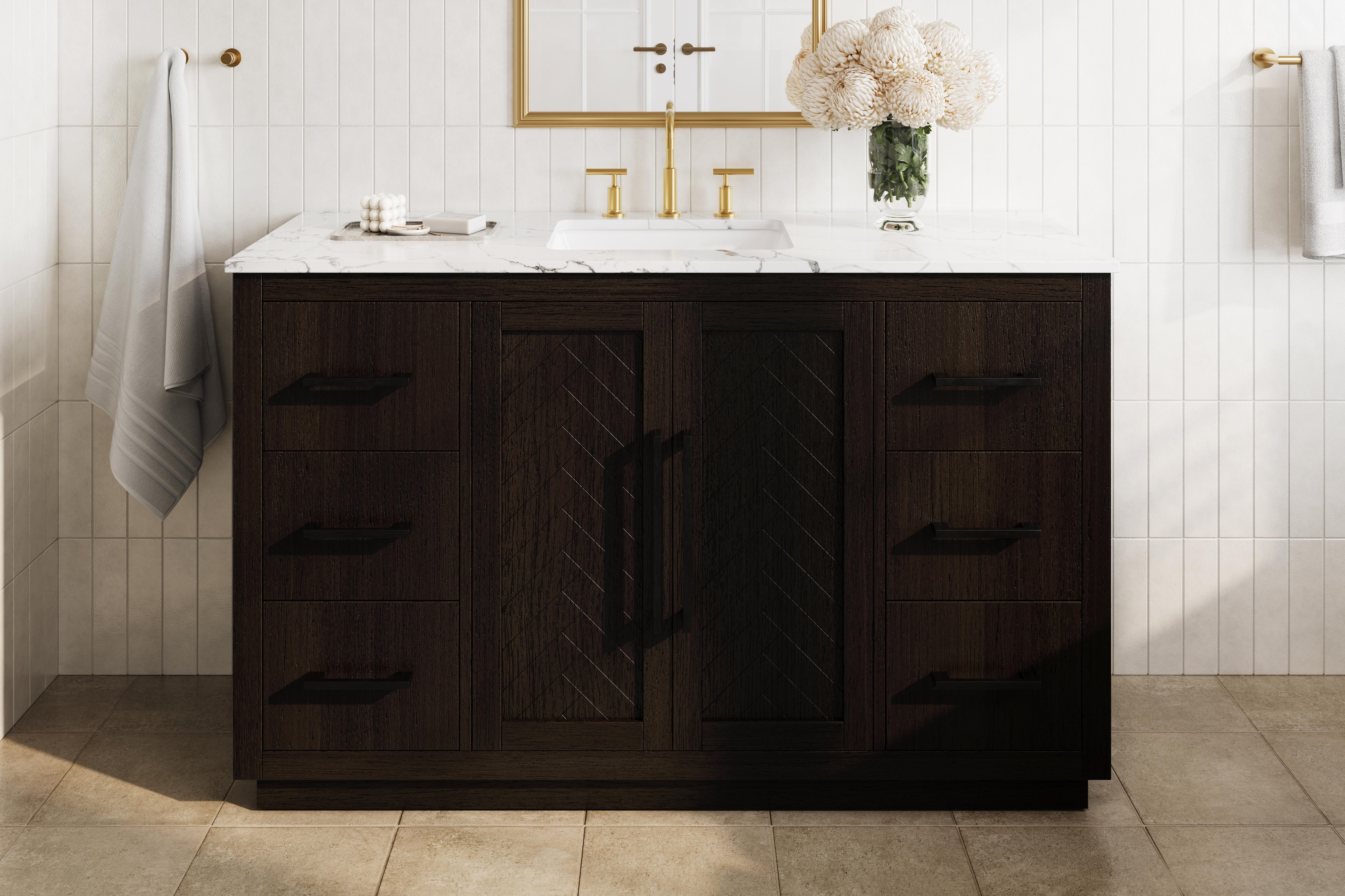 Modern Fitting 54 inch Single Bathroom Vanity in Chocolate Oak with 5 Finish Options