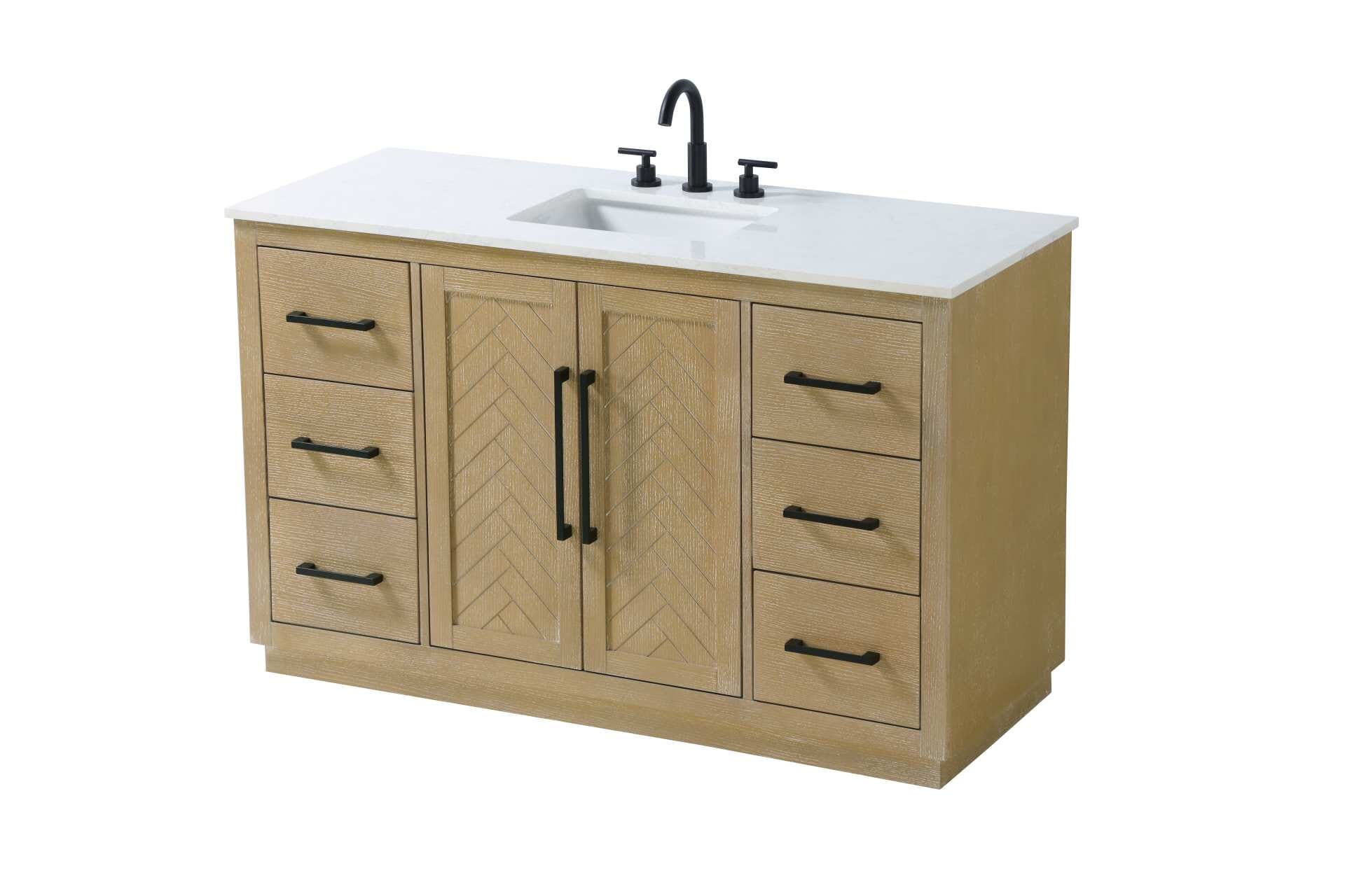 This transitional bathroom vanity offers the perfect blend of timeless style and modern functionality. Available in five refined finishes—crisp white, sleek grey, chocolate oak, honey oak, and linen oak—it complements a range of decor styles, from classic to contemporary. The stunning herringbone design on the Shaker-style door panels adds texture and craftsmanship to the piece. Topped with a white engineered marble countertop featuring subtle veining, it provides both beauty and durability. The long black metal pulls on the soft-closing doors and the thin bar pulls on the drawers add sleek, modern detailing. Practical features include a concealed overflow, a back panel cutout for easy plumbing installation, and a U-shaped cutout shelf to fit plumbing while maximizing storage space. With a toe kick all around the base, this vanity is thoughtfully designed to blend form and function in any bathroom setting. Collection: Chase Rooms: bathroom Finish: Linen Oak Width: 21.50" Height: 34.00" Length: 54.00" Weight: 242.00 lb Material: Solid wood and MDF Country of Origin: Vietnam Manufacturer Warranty: 1 year limited - alternate view