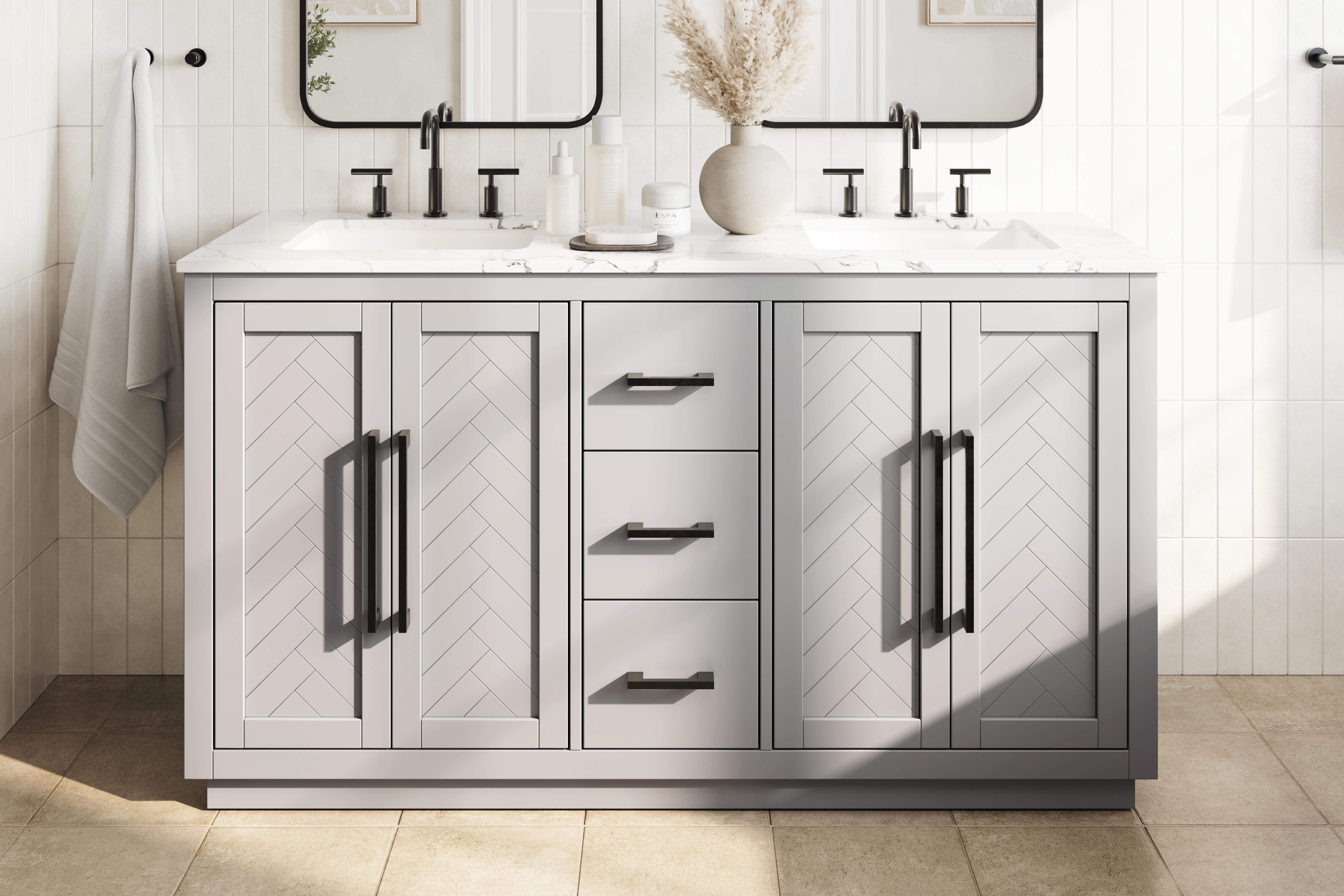 Modern Fitting 60 inch Double Bathroom Vanity in Grey with 5 Finish Options