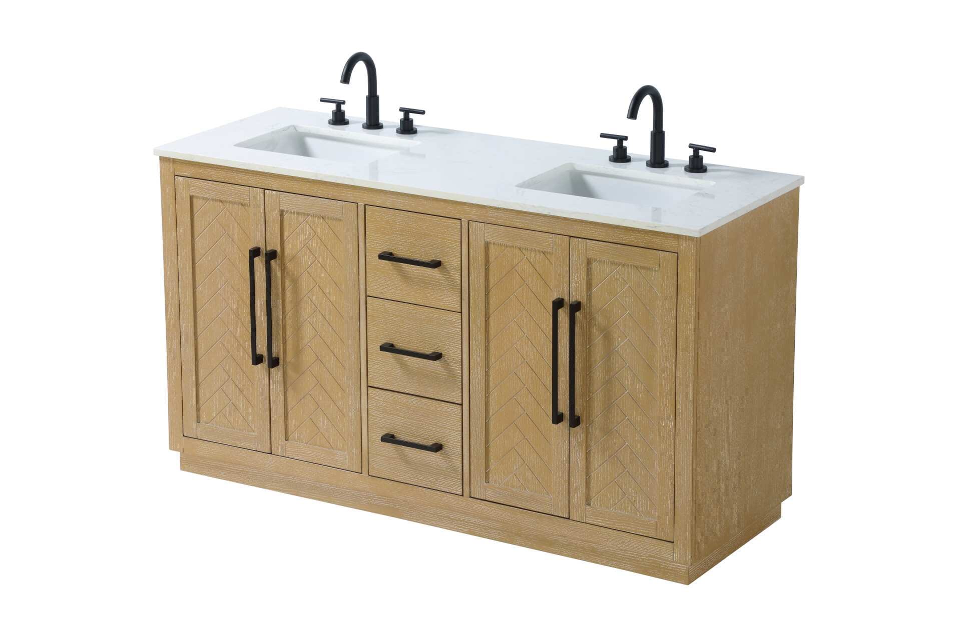 This transitional bathroom vanity offers the perfect blend of timeless style and modern functionality. Available in five refined finishes—crisp white, sleek grey, chocolate oak, honey oak, and linen oak—it complements a range of decor styles, from classic to contemporary. The stunning herringbone design on the Shaker-style door panels adds texture and craftsmanship to the piece. Topped with a white engineered marble countertop featuring subtle veining, it provides both beauty and durability. The long black metal pulls on the soft-closing doors and the thin bar pulls on the drawers add sleek, modern detailing. Practical features include a concealed overflow, a back panel cutout for easy plumbing installation, and a U-shaped cutout shelf to fit plumbing while maximizing storage space. With a toe kick all around the base, this vanity is thoughtfully designed to blend form and function in any bathroom setting. Collection: Chase Rooms: bathroom Finish: Linen Oak Width: 21.50" Height: 34.00" Length: 60.00" Weight: 249.00 lb Material: Solid wood and MDF Country of Origin: Vietnam Manufacturer Warranty: 1 year limited - alternate view