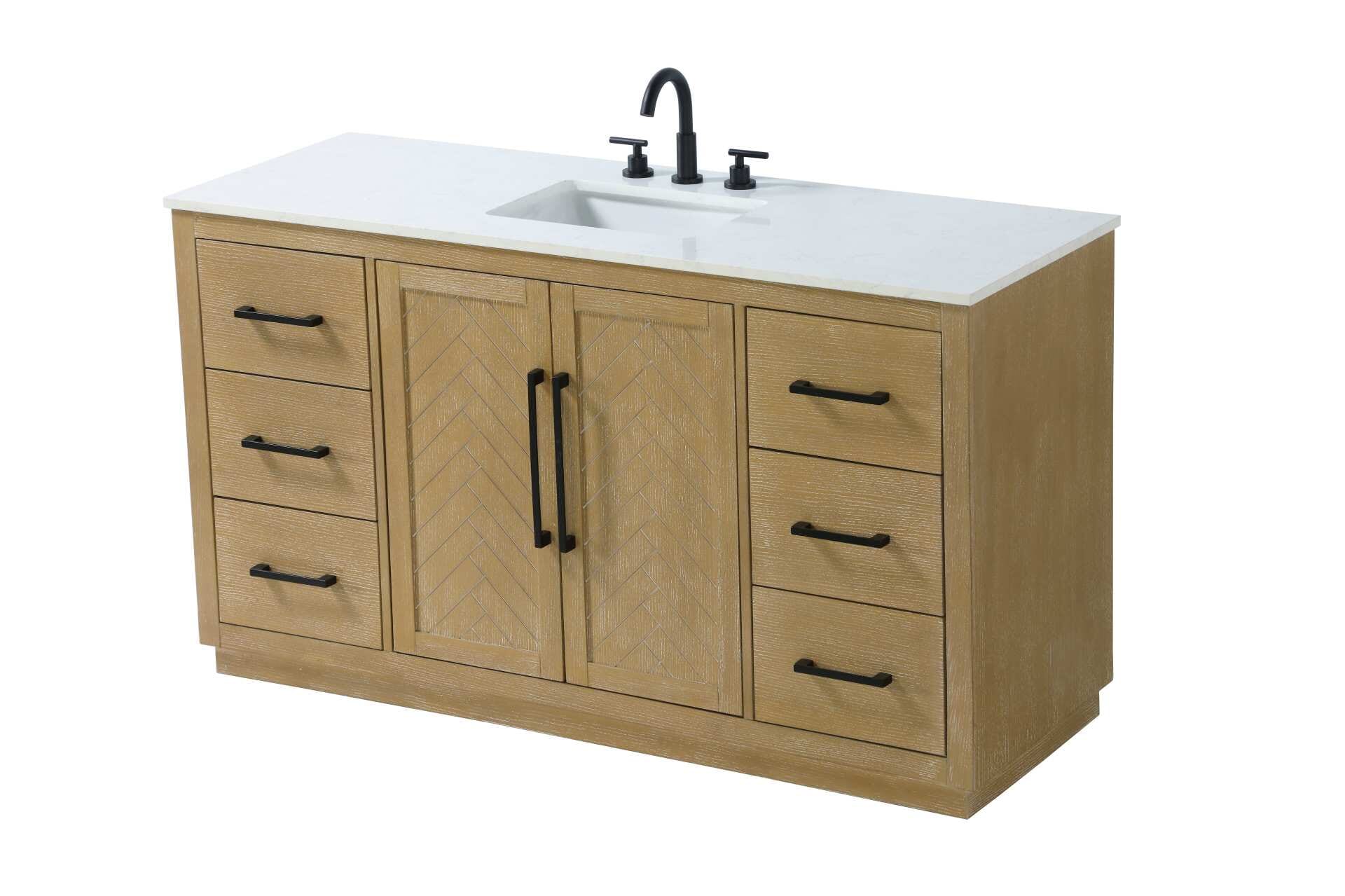 This transitional bathroom vanity offers the perfect blend of timeless style and modern functionality. Available in five refined finishes—crisp white, sleek grey, chocolate oak, honey oak, and linen oak—it complements a range of decor styles, from classic to contemporary. The stunning herringbone design on the Shaker-style door panels adds texture and craftsmanship to the piece. Topped with a white engineered marble countertop featuring subtle veining, it provides both beauty and durability. The long black metal pulls on the soft-closing doors and the thin bar pulls on the drawers add sleek, modern detailing. Practical features include a concealed overflow, a back panel cutout for easy plumbing installation, and a U-shaped cutout shelf to fit plumbing while maximizing storage space. With a toe kick all around the base, this vanity is thoughtfully designed to blend form and function in any bathroom setting. Collection: Chase Rooms: bathroom Finish: Linen Oak Width: 21.50" Height: 34.00" Length: 60.00" Weight: 256.00 lb Material: Solid wood and MDF Country of Origin: Vietnam Manufacturer Warranty: 1 year limited - alternate view