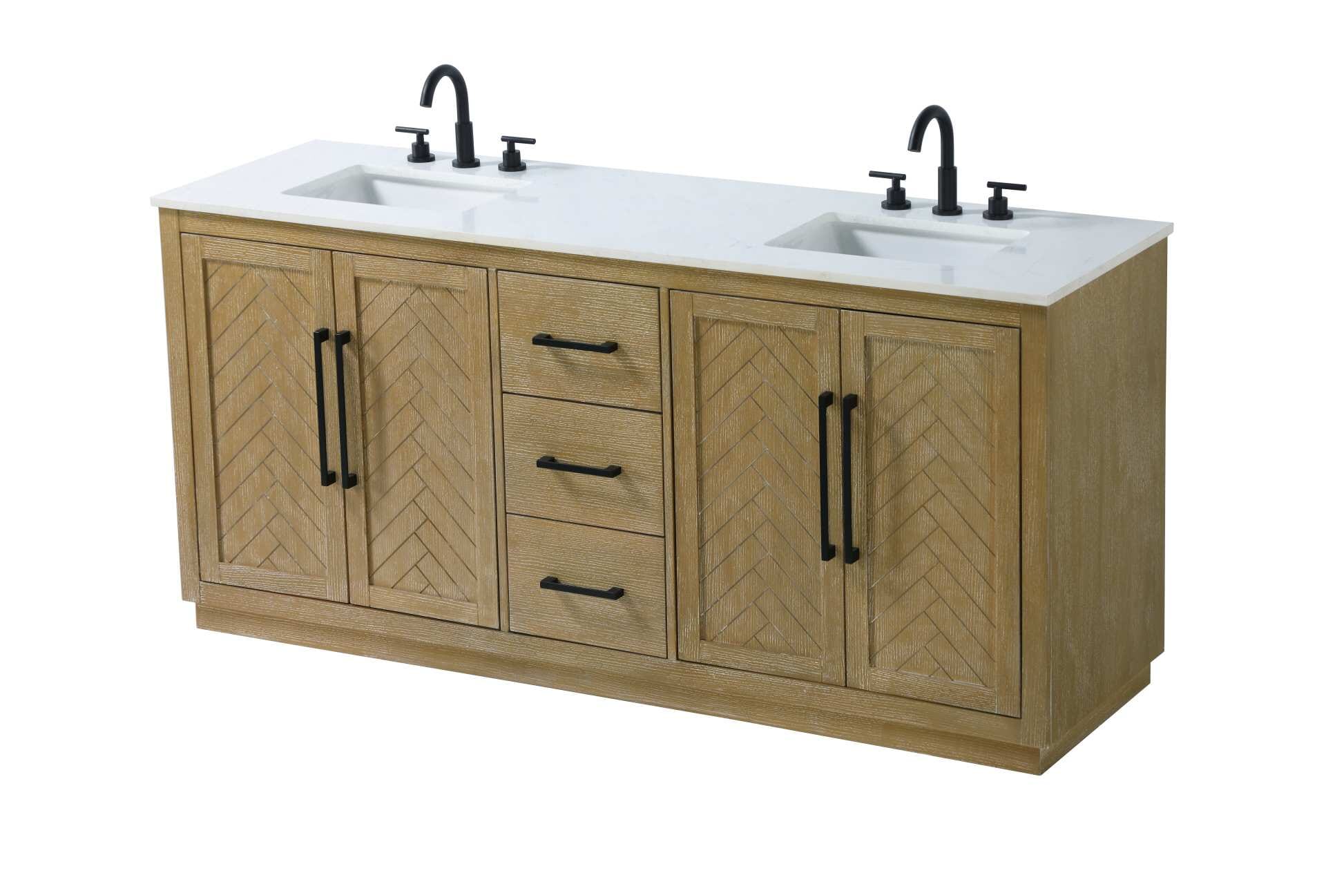 This transitional bathroom vanity offers the perfect blend of timeless style and modern functionality. Available in five refined finishes—crisp white, sleek grey, chocolate oak, honey oak, and linen oak—it complements a range of decor styles, from classic to contemporary. The stunning herringbone design on the Shaker-style door panels adds texture and craftsmanship to the piece. Topped with a white engineered marble countertop featuring subtle veining, it provides both beauty and durability. The long black metal pulls on the soft-closing doors and the thin bar pulls on the drawers add sleek, modern detailing. Practical features include a concealed overflow, a back panel cutout for easy plumbing installation, and a U-shaped cutout shelf to fit plumbing while maximizing storage space. With a toe kick all around the base, this vanity is thoughtfully designed to blend form and function in any bathroom setting. Collection: Chase Rooms: bathroom Finish: Linen Oak Width: 21.50" Height: 34.00" Length: 72.00" Weight: 293.00 lb Material: Solid wood and MDF Country of Origin: Vietnam Manufacturer Warranty: 1 year limited - alternate view