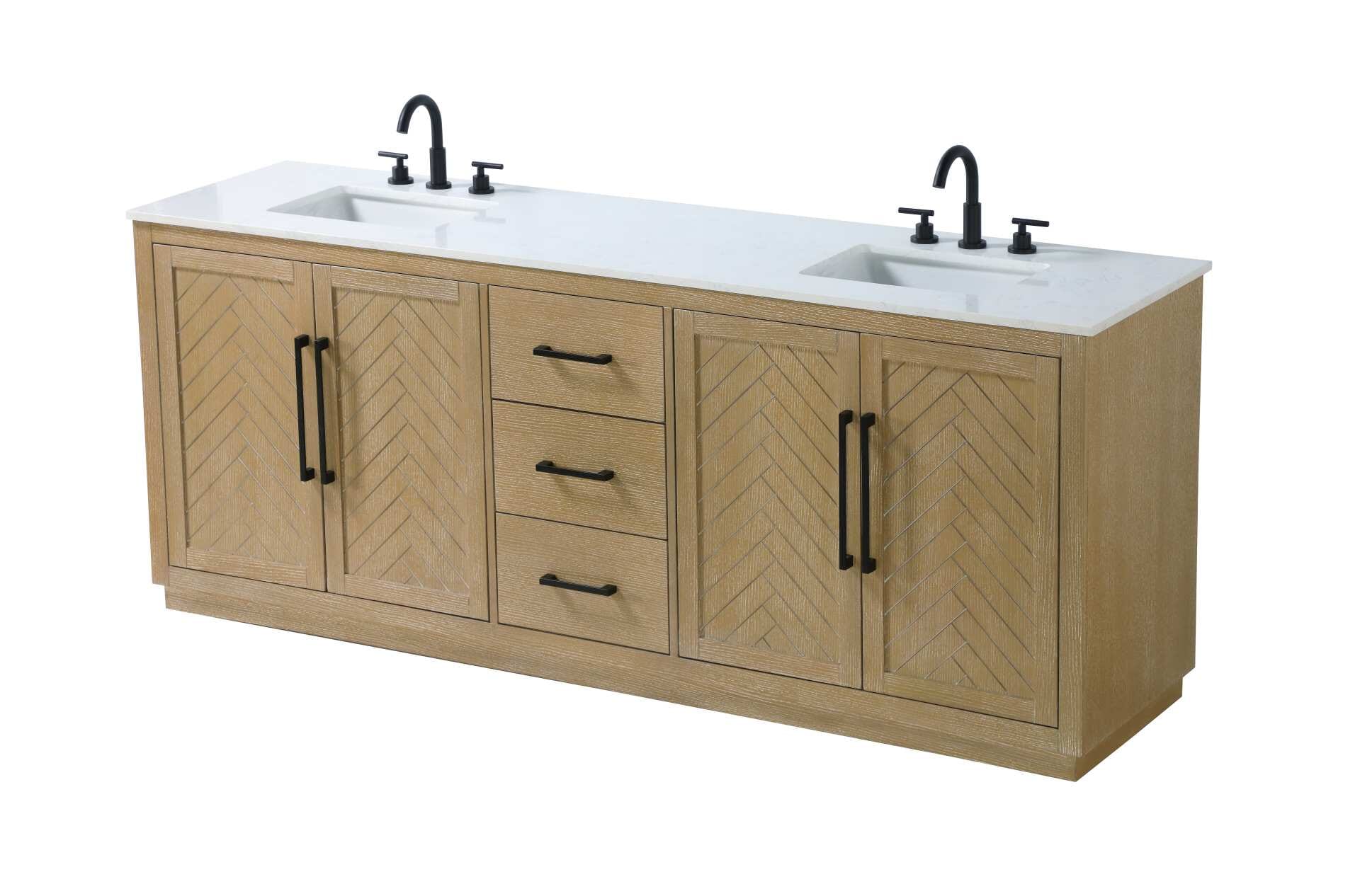 This transitional bathroom vanity offers the perfect blend of timeless style and modern functionality. Available in five refined finishes—crisp white, sleek grey, chocolate oak, honey oak, and linen oak—it complements a range of decor styles, from classic to contemporary. The stunning herringbone design on the Shaker-style door panels adds texture and craftsmanship to the piece. Topped with a white engineered marble countertop featuring subtle veining, it provides both beauty and durability. The long black metal pulls on the soft-closing doors and the thin bar pulls on the drawers add sleek, modern detailing. Practical features include a concealed overflow, a back panel cutout for easy plumbing installation, and a U-shaped cutout shelf to fit plumbing while maximizing storage space. With a toe kick all around the base, this vanity is thoughtfully designed to blend form and function in any bathroom setting. Collection: Chase Rooms: bathroom Finish: Linen Oak Width: 21.50" Height: 34.00" Length: 84.00" Weight: 326.00 lb Material: Solid wood and MDF Country of Origin: Vietnam Manufacturer Warranty: 1 year limited - alternate view