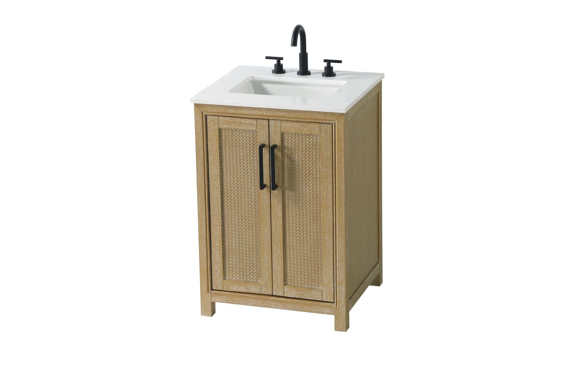 Perfect for those with an eye for detail and quality, this transitional vanity blends modern design with timeless elegance. Available in five stunning finishes, from Crisp White to Linen Oak, the wood grain visuals of the oak options bring warmth and character to any bathroom. The caning design on the Shaker-style door panels adds texture and a touch of refinement, while the soft-closing doors ensure smooth, quiet functionality. Topped with a white engineered marble countertop, the vanity offers both luxury and practicality, complete with pre-drilled faucet holes for customization. A concealed overflow and U-shaped shelf for plumbing make installation effortless, and the slender black metal pulls provide a sleek contrast. Collection: Alina Rooms: bathroom Finish: Linen Oak Width: 21.50" Height: 35.00" Length: 24.00" Weight: 87.00 lb Material: Solid wood and MDF Country of Origin: Vietnam Manufacturer Warranty: 1 year limited - alternate view