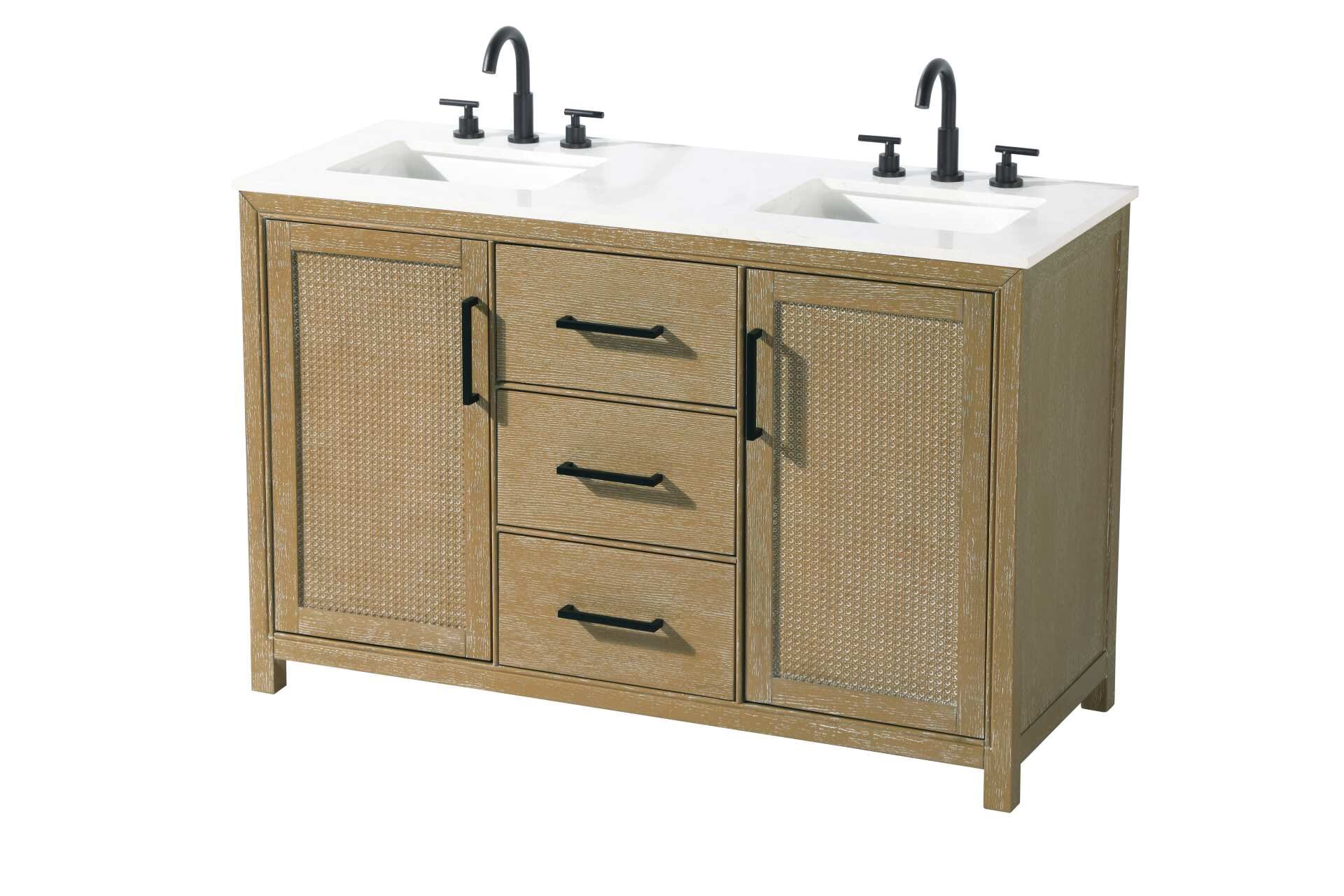 This transitional vanity combines Shaker-style caning details with warm Linen Oak finish and engineered marble top. Soft-close doors, ample storage, and sleek black metal pulls deliver both style and functionality for medium to large bathrooms. - alternate view
