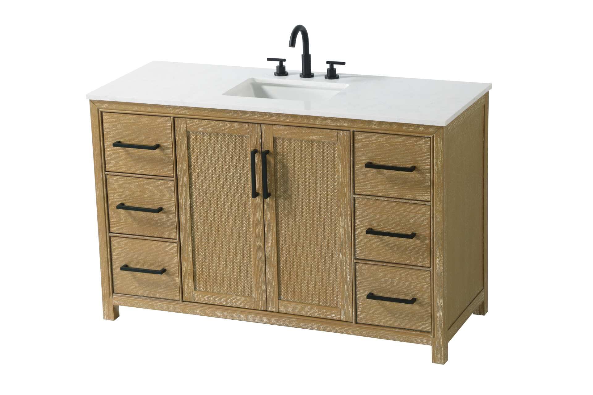 The Alina vanity combines modern functionality with timeless design through its Shaker-style caning panels and warm Linen Oak finish. The engineered marble top and soft-close hardware deliver luxury and practicality. - alternate view