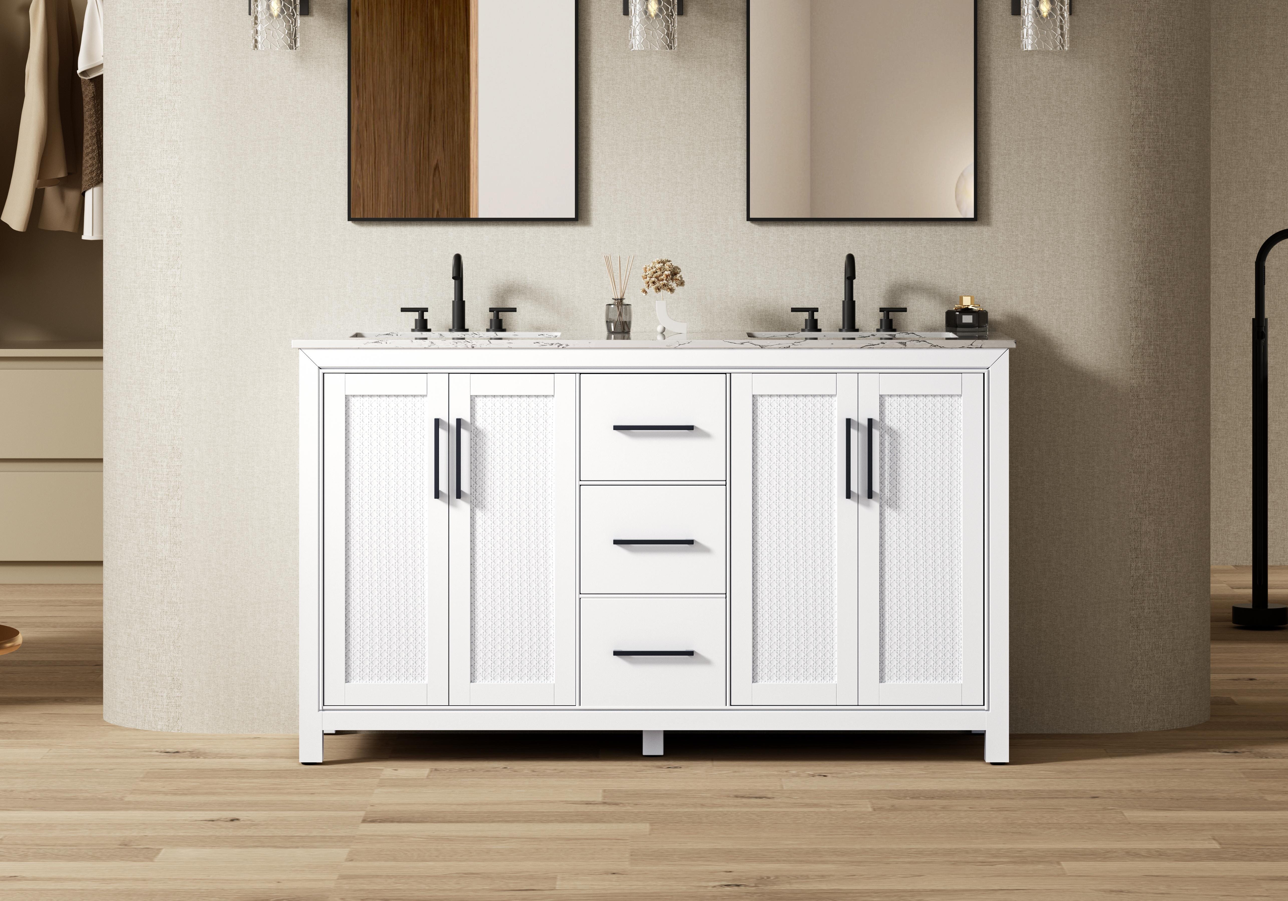 Modern Fitting 60 Inch Double Bathroom Vanity In White with 4 Finish Options