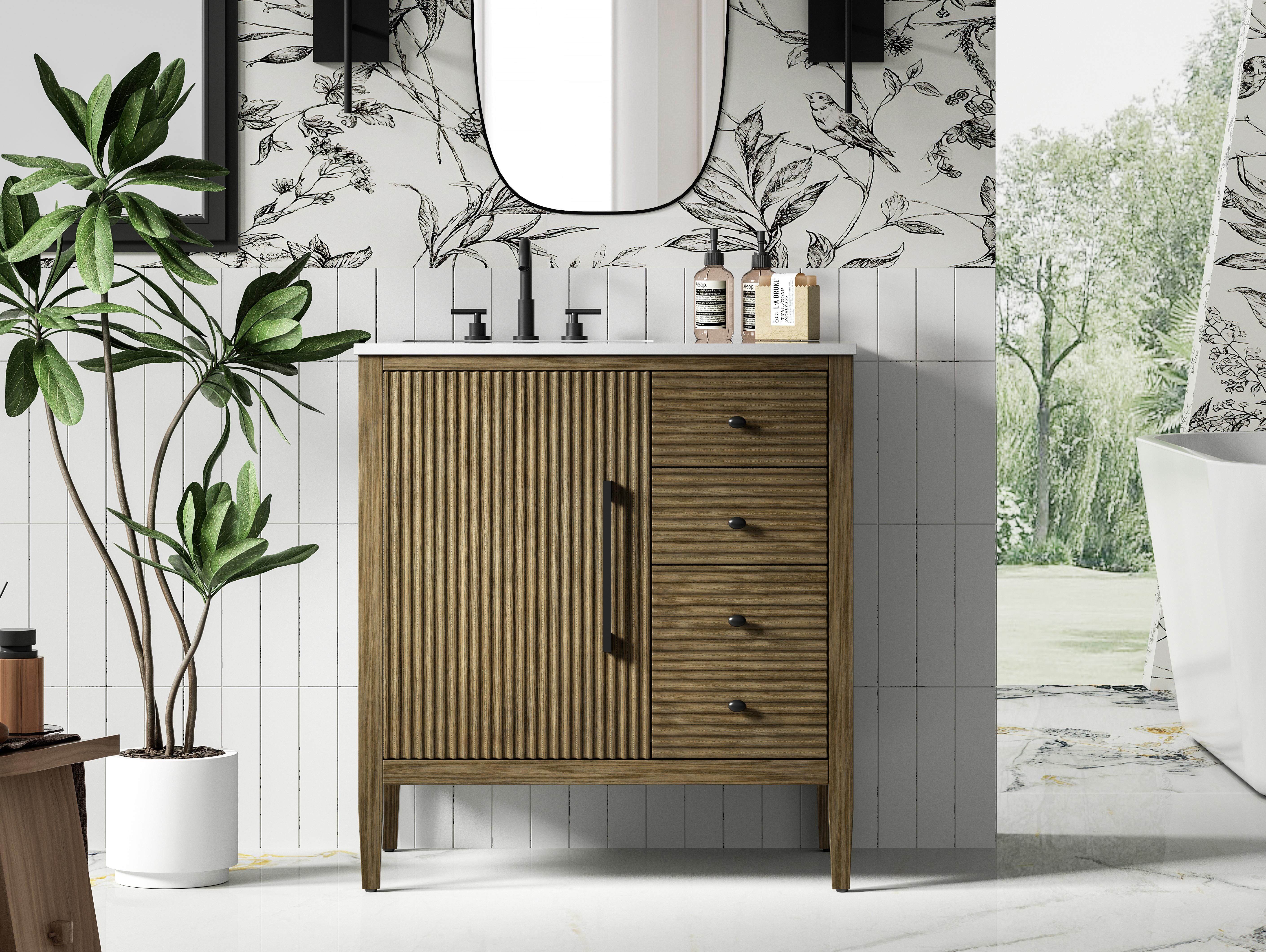 Modern Fitting 32 inch Single Bathroom Vanity in Hazel Oak with 5 Finish Options