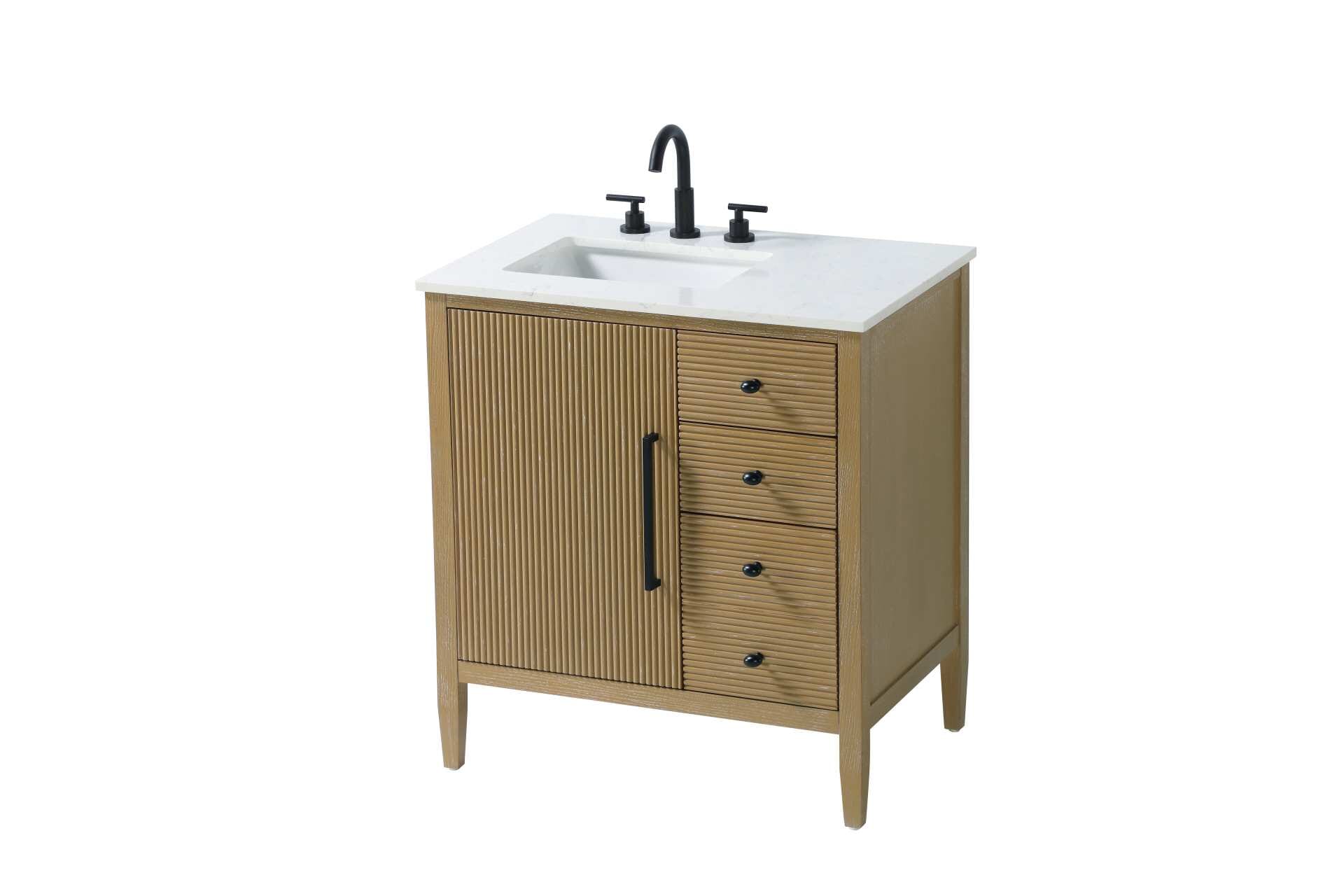 Designed with transitional elegance in mind, this bathroom vanity seamlessly blends traditional elements with modern functionality. Available in five stunning finishes, from the clean sophistication of Crisp White to the natural warmth of Honey Oak, the fluted door and drawer panels add subtle texture and charm. The white engineered marble countertop with natural veining exudes luxury, while the soft-closing doors and drawers with sleek black metal pulls offer a quiet, refined experience. Practicality is never compromised, with features like the U-shaped shelf for plumbing, deeper bottom drawer for ample storage, and pre-drilled faucet holes for easy customization. Whether your style leans modern or classic, this vanity is the perfect balance of beauty and function, appealing to customers with a taste for quality and style. Collection: Blakely Rooms: bathroom Finish: Linen Oak Width: 21.50" Height: 34.00" Length: 32.00" Weight: 128.00 lb Material: Solid wood and MDF Country of Origin: Vietnam Manufacturer Warranty: 1 year limited - alternate view