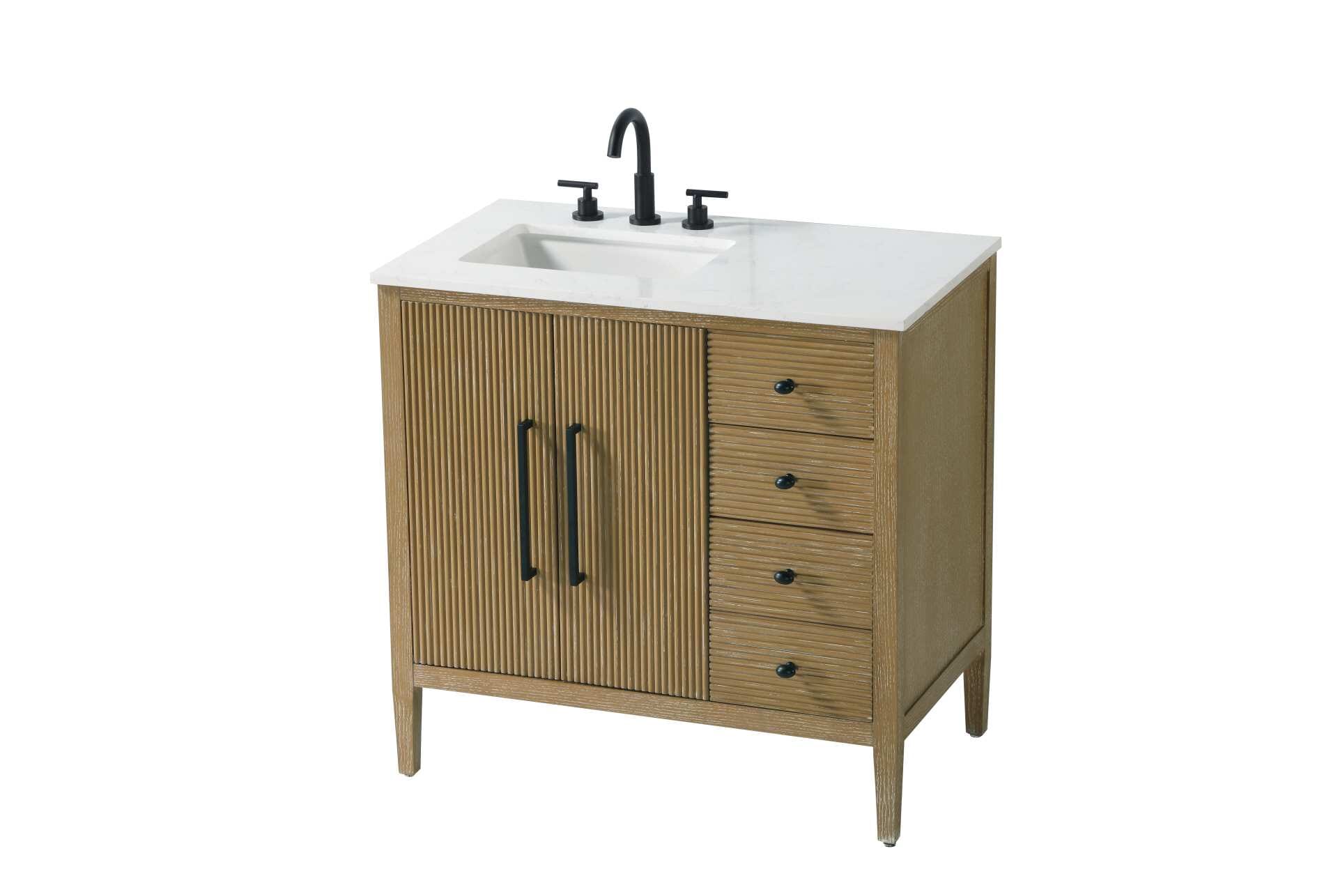 Designed with transitional elegance in mind, this bathroom vanity seamlessly blends traditional elements with modern functionality. Available in five stunning finishes, from the clean sophistication of Crisp White to the natural warmth of Honey Oak, the fluted door and drawer panels add subtle texture and charm. The white engineered marble countertop with natural veining exudes luxury, while the soft-closing doors and drawers with sleek black metal pulls offer a quiet, refined experience. Practicality is never compromised, with features like the U-shaped shelf for plumbing, deeper bottom drawer for ample storage, and pre-drilled faucet holes for easy customization. Whether your style leans modern or classic, this vanity is the perfect balance of beauty and function, appealing to customers with a taste for quality and style. Collection: Blakely Rooms: bathroom Finish: Linen Oak Width: 21.50" Height: 34.00" Length: 36.00" Weight: 140.00 lb Material: Solid wood and MDF Country of Origin: Vietnam Manufacturer Warranty: 1 year limited - alternate view