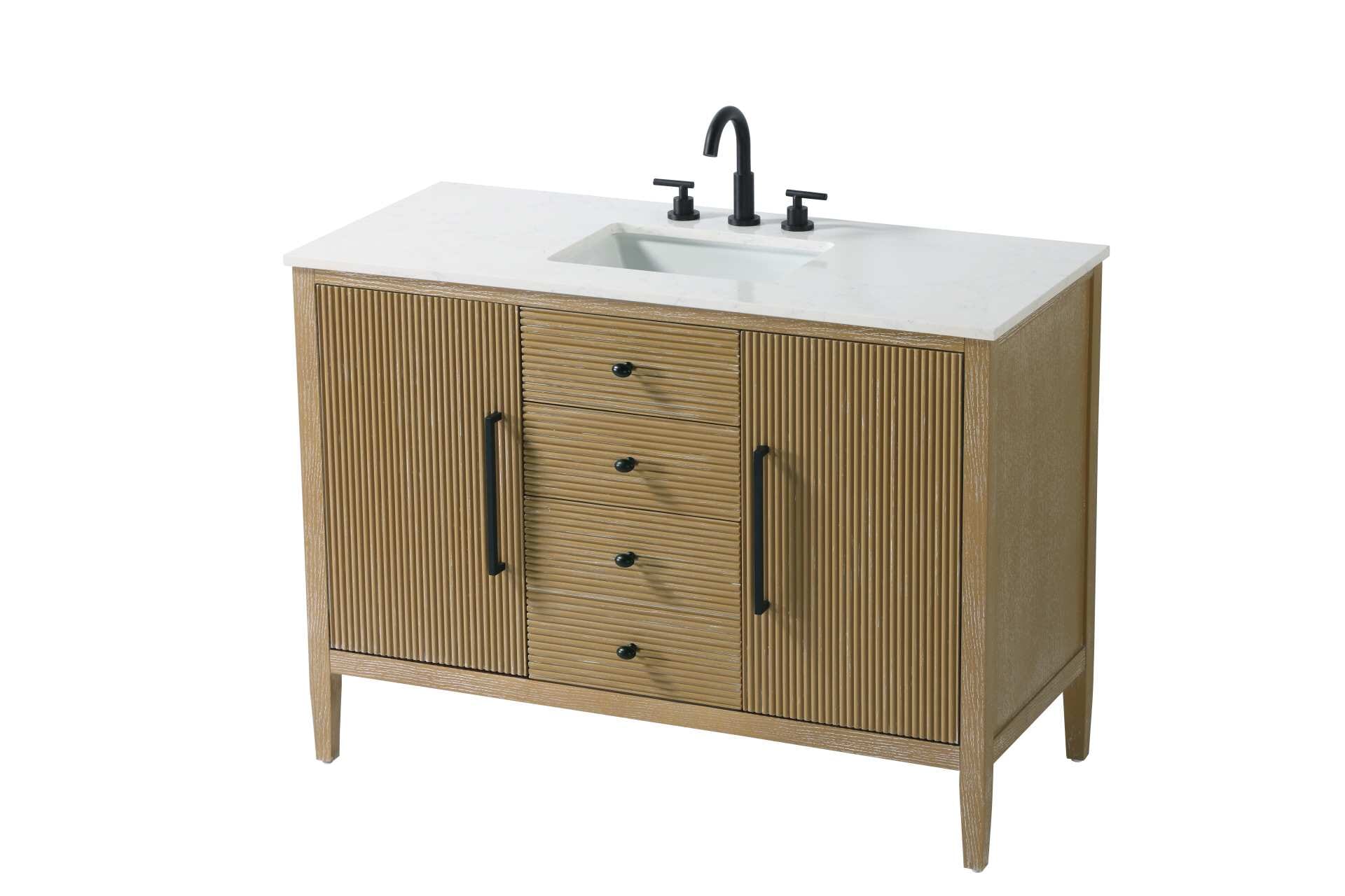 Designed with transitional elegance in mind, this bathroom vanity seamlessly blends traditional elements with modern functionality. Available in five stunning finishes, from the clean sophistication of Crisp White to the natural warmth of Honey Oak, the fluted door and drawer panels add subtle texture and charm. The white engineered marble countertop with natural veining exudes luxury, while the soft-closing doors and drawers with sleek black metal pulls offer a quiet, refined experience. Practicality is never compromised, with features like the U-shaped shelf for plumbing, deeper bottom drawer for ample storage, and pre-drilled faucet holes for easy customization. Whether your style leans modern or classic, this vanity is the perfect balance of beauty and function, appealing to customers with a taste for quality and style. Collection: Blakely Rooms: bathroom Finish: Linen Oak Width: 21.50" Height: 34.00" Length: 48.00" Weight: 177.00 lb Material: Solid wood and MDF Country of Origin: Vietnam Manufacturer Warranty: 1 year limited - alternate view
