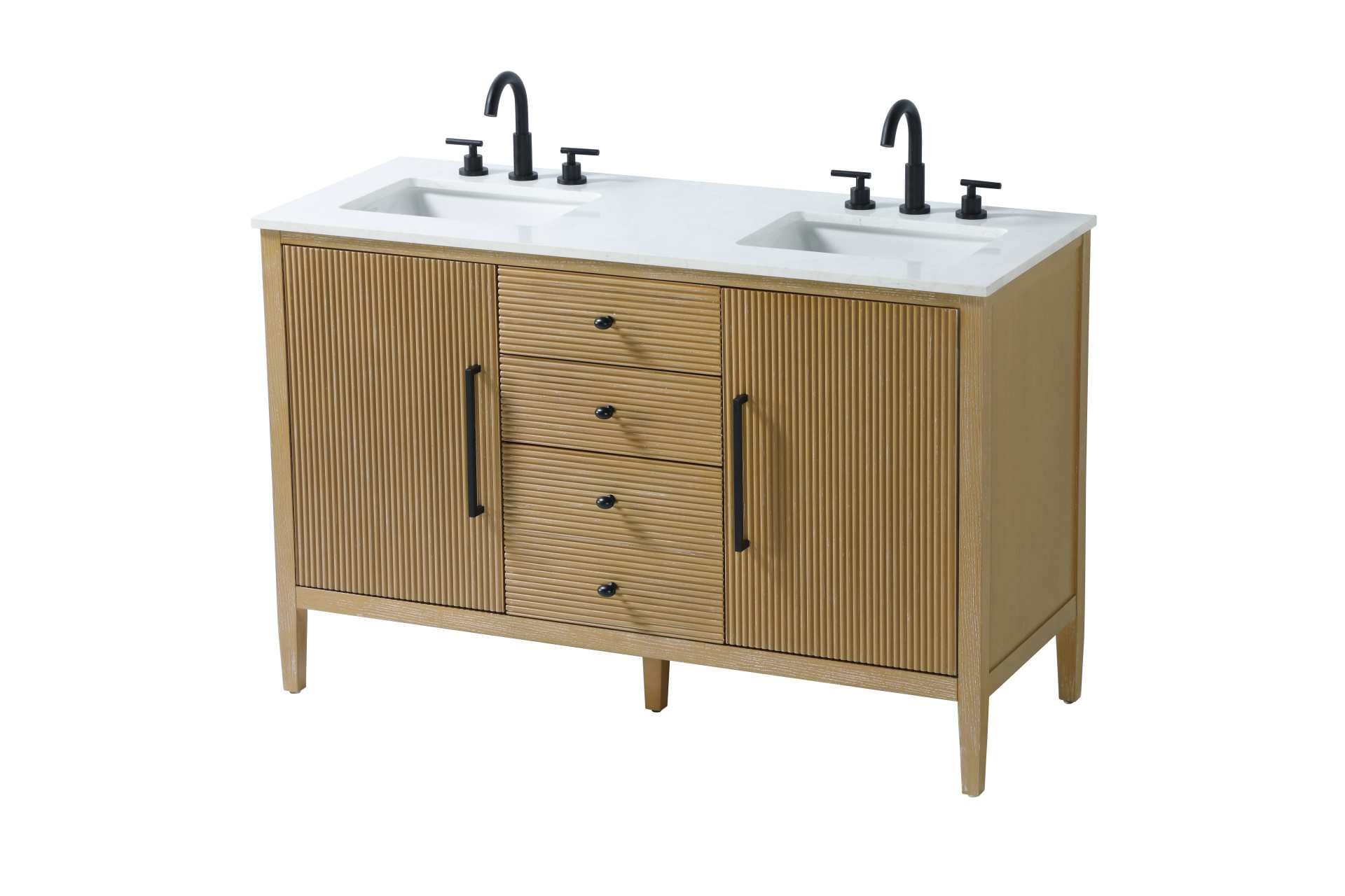 Designed with transitional elegance in mind, this bathroom vanity seamlessly blends traditional elements with modern functionality. Available in five stunning finishes, from the clean sophistication of Crisp White to the natural warmth of Honey Oak, the fluted door and drawer panels add subtle texture and charm. The white engineered marble countertop with natural veining exudes luxury, while the soft-closing doors and drawers with sleek black metal pulls offer a quiet, refined experience. Practicality is never compromised, with features like the U-shaped shelf for plumbing, deeper bottom drawer for ample storage, and pre-drilled faucet holes for easy customization. Whether your style leans modern or classic, this vanity is the perfect balance of beauty and function, appealing to customers with a taste for quality and style. Collection: Blakely Rooms: bathroom Finish: Linen Oak Width: 21.50" Height: 34.00" Length: 54.00" Weight: 199.00 lb Material: Solid wood and MDF Country of Origin: Vietnam Manufacturer Warranty: 1 year limited - alternate view