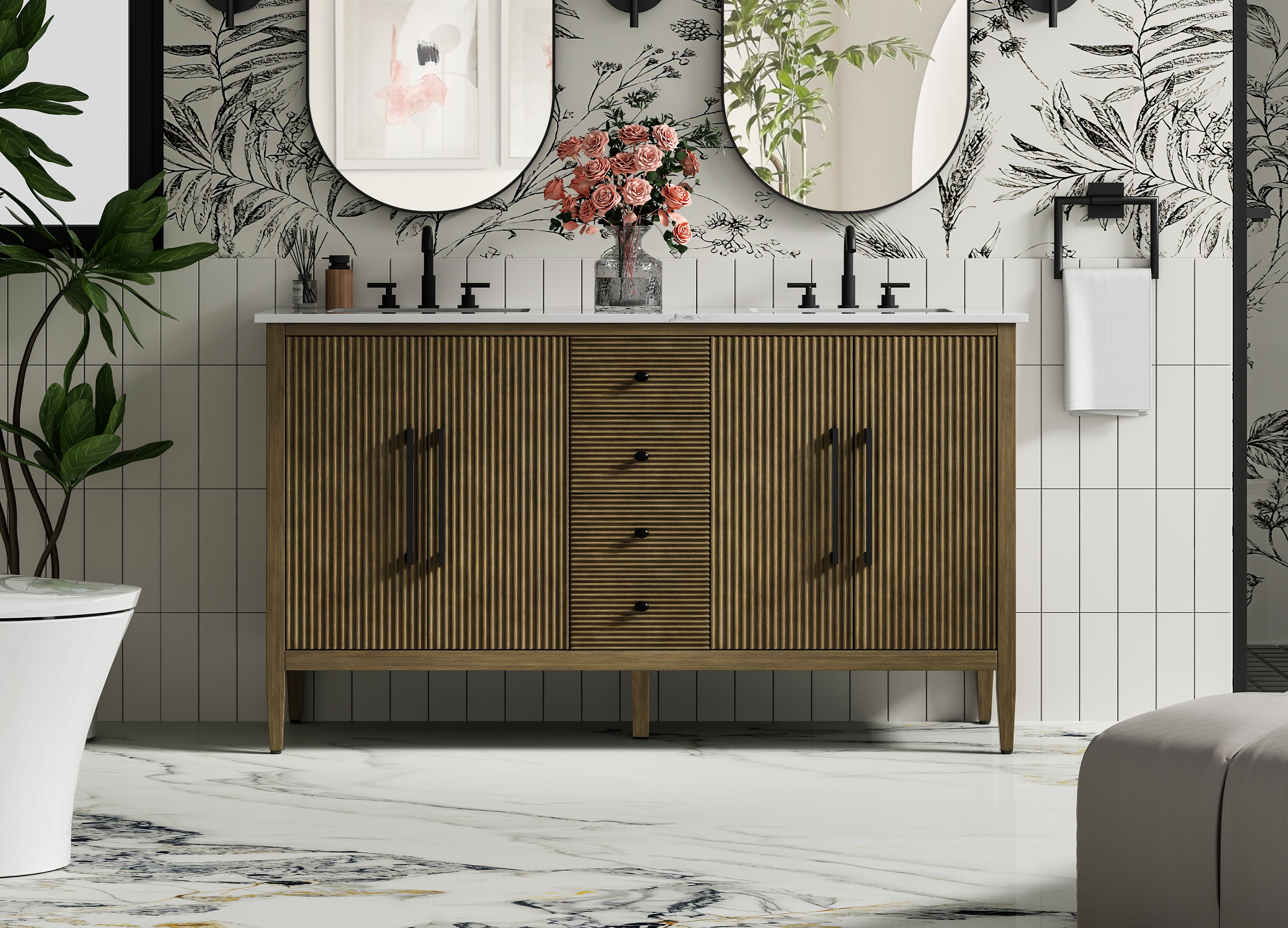 Modern Fitting 60 inch Double Bathroom Vanity in Hazel Oak with 5 Finish Options