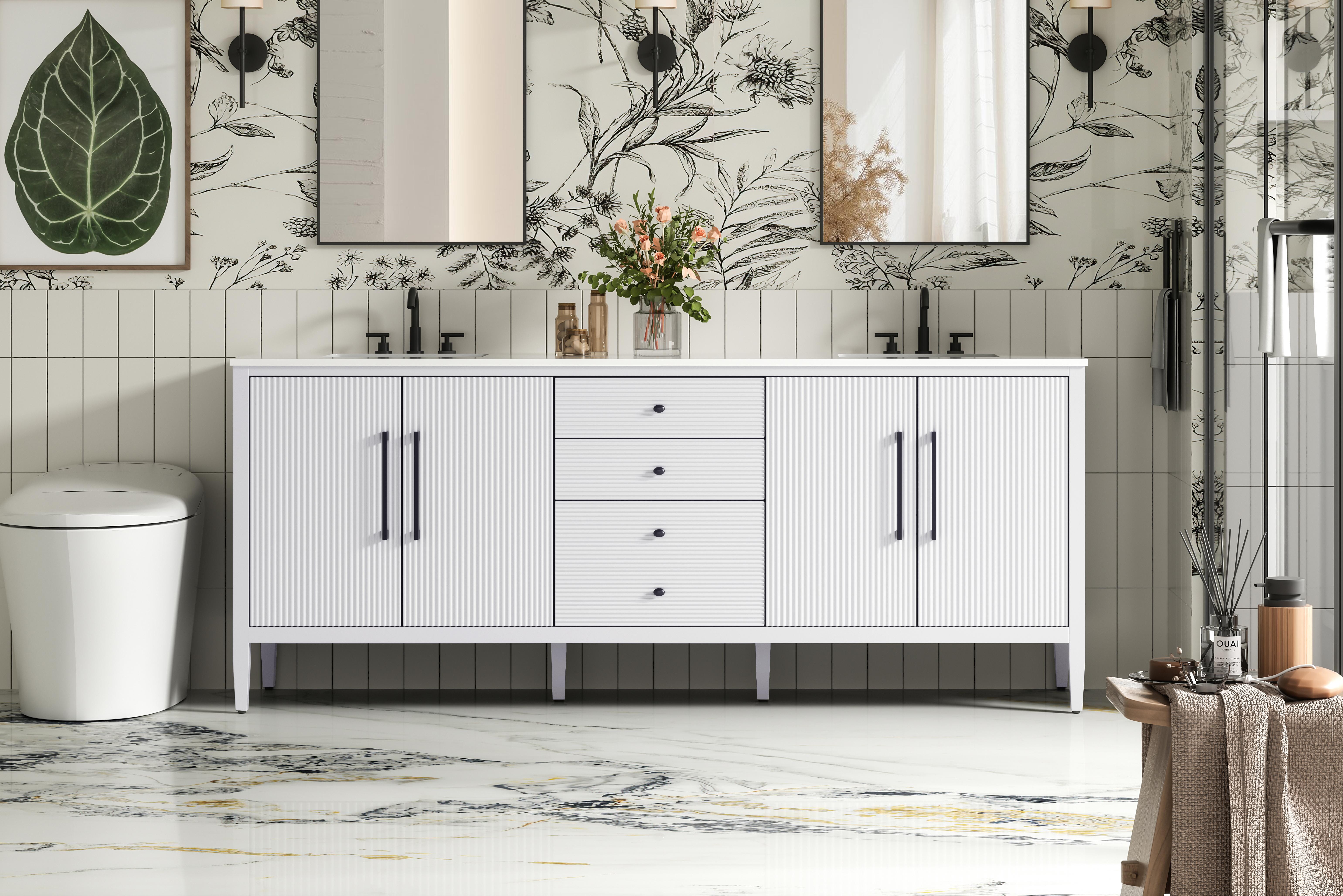 Modern Fitting 84 inch Double Bathroom Vanity in White with 5 Finish Options