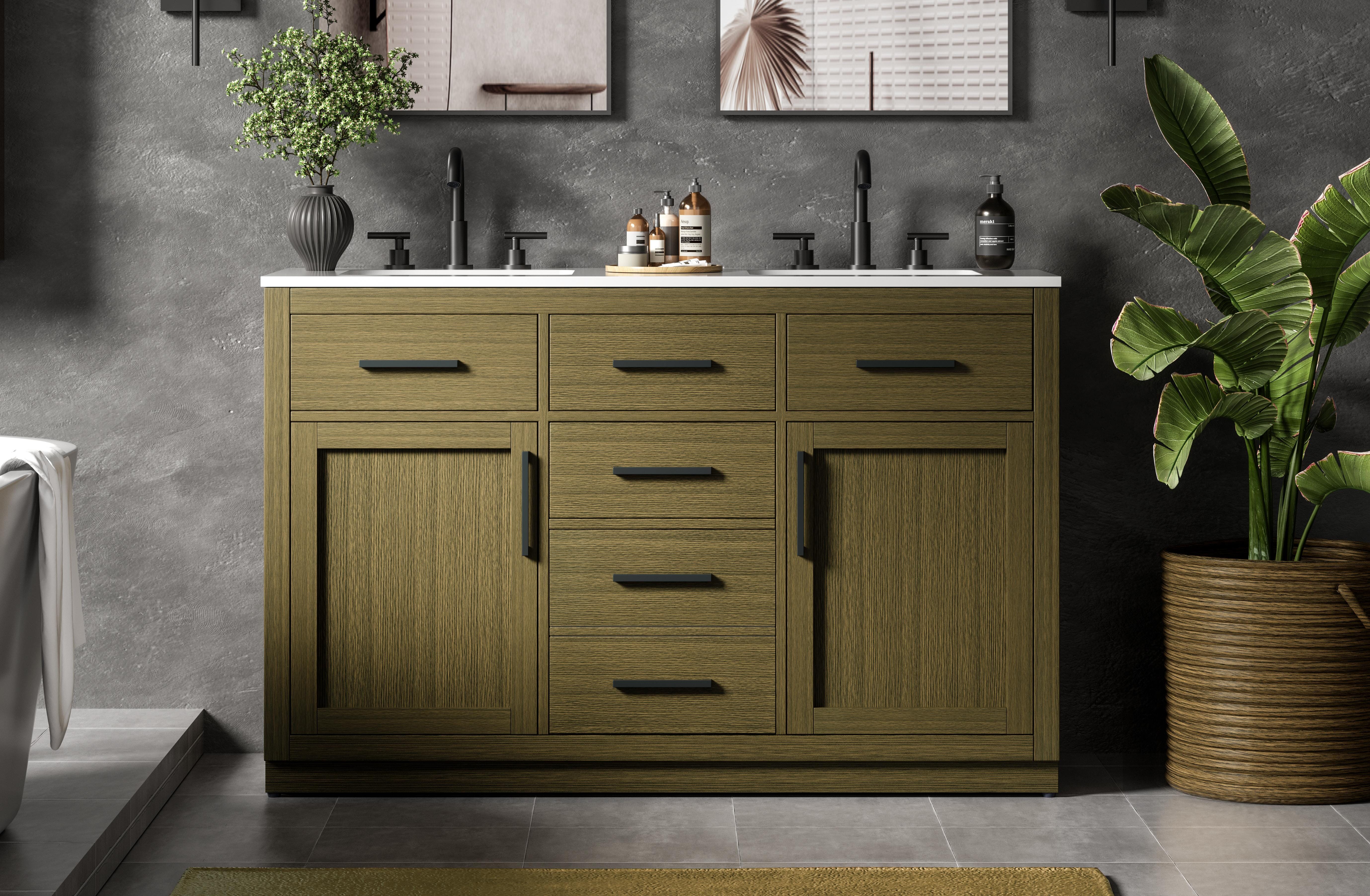 Modern Fitting 54 inch Double Bathroom Vanity in Chestnut Brown with Color Option