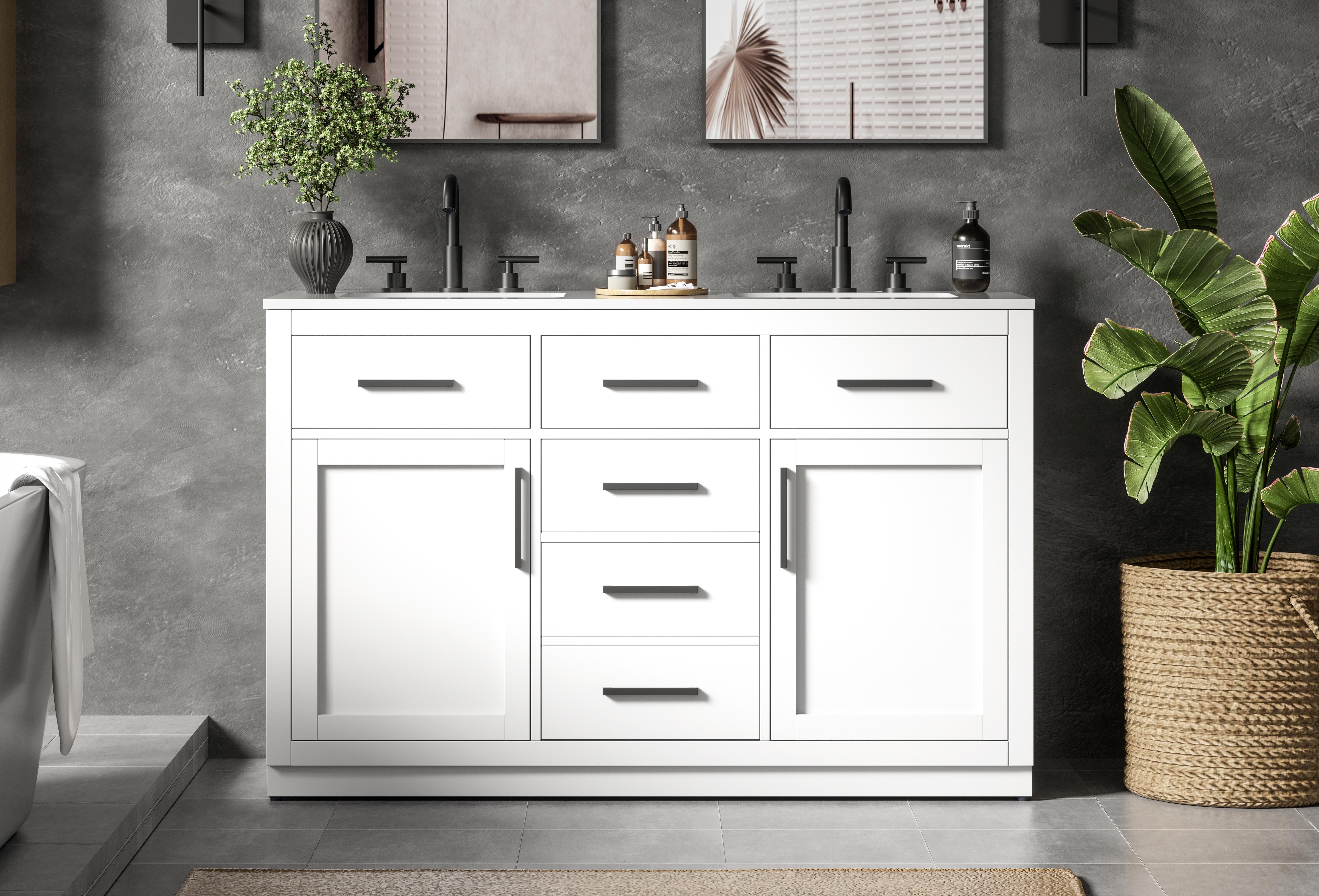 Modern Fitting 54 inch Double Bathroom Vanity in White with Color Option