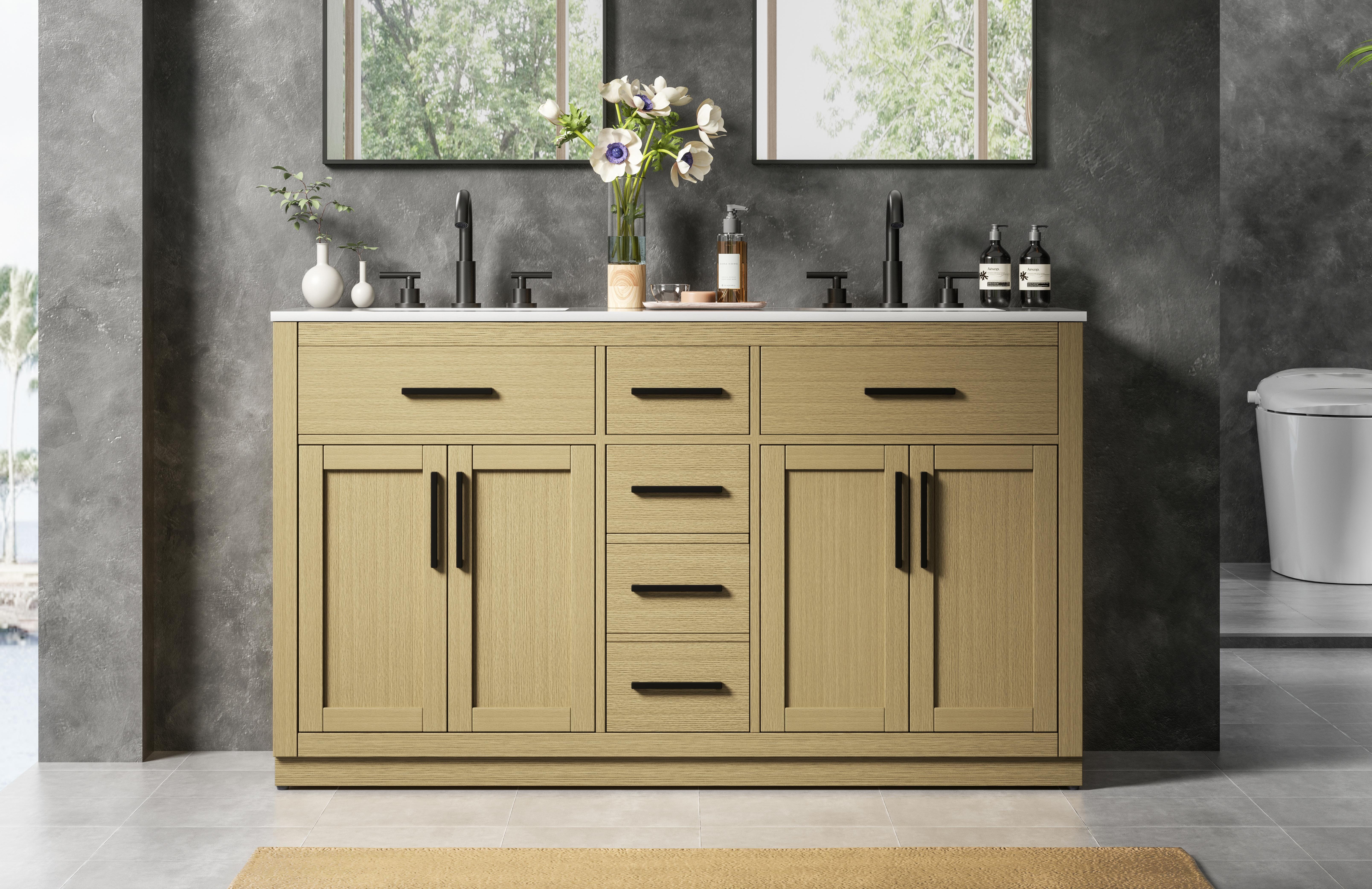 Modern Fitting 60 inch Double Bathroom Vanity in Honey Brown with Color Option