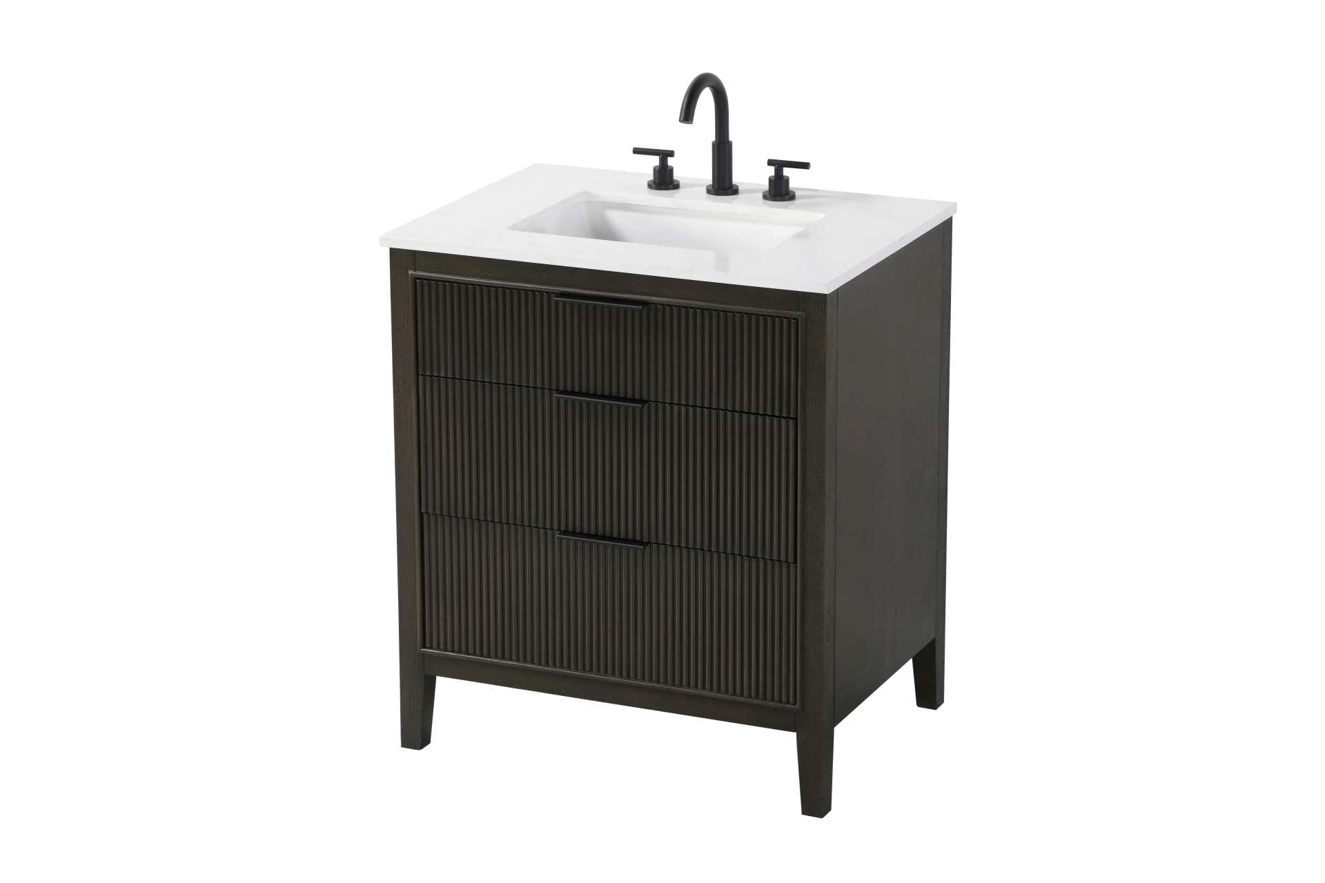 Specification Sheet
Dimensions
Length: 30"
Width: 22"
Height: 34"
Counter Top Length: 30"
Counter Top Width: 22"
Counter Top Height: 0.75"
Sink Width: 17.125"
Sink Depth: 11.625"
Sink Height: 7"
Sink Drain Hole Size: 1.75"
Faucet Hole Spacing: 8"3 Holes"
Specifications
Assembly Required: NO
Base Material: Solid wood and MDF
Counter Top Edge Style: straight
Counter Top Finish: Marble White
Distressed Finish: NO
Drain Assembly Included: NO
Faucet Included: NO
Faucet Type: Widespread
Finish (Color): Chocolate Oak
Vanity Material: Solid Wood and MDF
Hardware Finish: black
Harware Material: Aluminum alloy
Number of Faucet Holes: 3
Number of Sinks: 1
Product Shape: Rectangle
Product Type: Bathroom Vanities
Product Warranty: 1 year limited
Sink Mounting Type: Undermount
Vanity Backsplash: NO
Vanity Mounting Type: Free-Standing
Weight: 117
Wire Included: No
Wood Type: Rubberwood
Shipment type: Oversize ground
Drawers
Drawers Included: yes
Number of Drawers: 3
False Drawers: NO
Drawer Width: dw1: 25.5
dw2: 25.5
dw3: 25.5
Drawer Depth: dw1: 3.625
dw2: 15.125
dw3: 15.125
Drawer Height: dw1: 6.125
dw2: 9
dw3: 9
Drawer Handle Designs: Finger pulls - alternate view