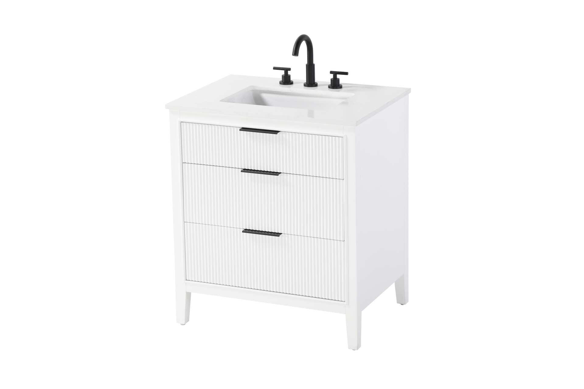 Specification Sheet
Dimensions
Length: 30"
Width: 22"
Height: 34"
Counter Top Length: 30"
Counter Top Width: 22"
Counter Top Height: 0.75"
Sink Width: 17.125"
Sink Depth: 11.625"
Sink Height: 7"
Sink Drain Hole Size: 1.75"
Faucet Hole Spacing: 8"3 Holes"
Specifications
Assembly Required: NO
Base Material: Solid wood and MDF
Counter Top Edge Style: straight
Counter Top Finish: Marble White
Distressed Finish: NO
Drain Assembly Included: NO
Faucet Included: NO
Faucet Type: Widespread
Finish (Color): White
Vanity Material: Solid Wood and MDF
Hardware Finish: black
Harware Material: Aluminum alloy
Number of Faucet Holes: 3
Number of Sinks: 1
Product Shape: Rectangle
Product Type: Bathroom Vanities
Product Warranty: 1 year limited
Sink Mounting Type: Undermount
Vanity Backsplash: NO
Vanity Mounting Type: Free-Standing
Weight: 117
Wire Included: No
Wood Type: Rubberwood
Shipment type: Oversize ground
Drawers
Drawers Included: yes
Number of Drawers: 3
False Drawers: NO
Drawer Width: dw1: 25.5
dw2: 25.5
dw3: 25.5
Drawer Depth: dw1: 3.625
dw2: 15.125
dw3: 15.125
Drawer Height: dw1: 6.125
dw2: 9
dw3: 9
Drawer Handle Designs: Finger pulls - alternate view