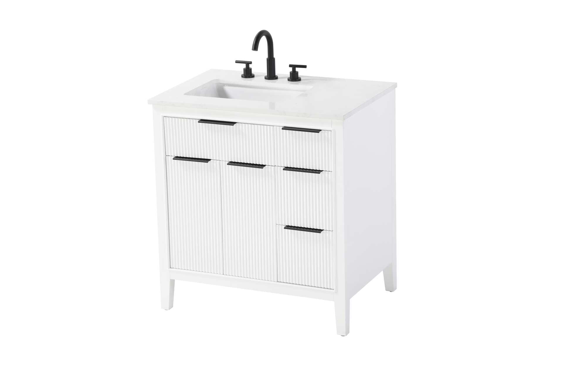 Specification Sheet
Dimensions
Length: 32"
Width: 22"
Height: 34"
Counter Top Length: 32"
Counter Top Width: 22"
Counter Top Height: 0.75"
Sink Width: 17.125"
Sink Depth: 11.625"
Sink Height: 7"
Sink Drain Hole Size: 1.75"
Faucet Hole Spacing: 8"3 Holes"
Specifications
Assembly Required: NO
Base Material: Solid wood and MDF
Counter Top Edge Style: straight
Counter Top Finish: Marble White
Distressed Finish: NO
Drain Assembly Included: NO
Faucet Included: NO
Faucet Type: Widespread
Finish (Color): White
Vanity Material: Solid Wood and MDF
Hardware Finish: black
Harware Material: Aluminum alloy
Number of Faucet Holes: 3
Number of Sinks: 1
Product Shape: Rectangle
Product Type: Bathroom Vanities
Product Warranty: 1 year limited
Sink Mounting Type: Undermount
Vanity Backsplash: NO
Vanity Mounting Type: Free-Standing
Weight: 130
Wire Included: No
Wood Type: Rubberwood
Shipment type: LTL
Drawers
Drawers Included: yes
Number of Drawers: 4
False Drawers: NO
Drawer Width: dw1: 18.25
dw2: 9.125
dw3: 9.125
Drawer Depth: dw1: 3.625
dw2:15.125
dw3:15.125
Drawer Height: dw1: 6.125
dw2: 6.125
dw3: 9
Drawer Handle Designs: Finger pulls
Shelves
Number of Shelves: 1
Shelf Width: 18.25
Cabinets
Number of Cabinets: 1
Cabinet Interior Width: 18.25
Cabinet Interior Depth: 16.875
Cabinet Interior Height: 18.125 - alternate view