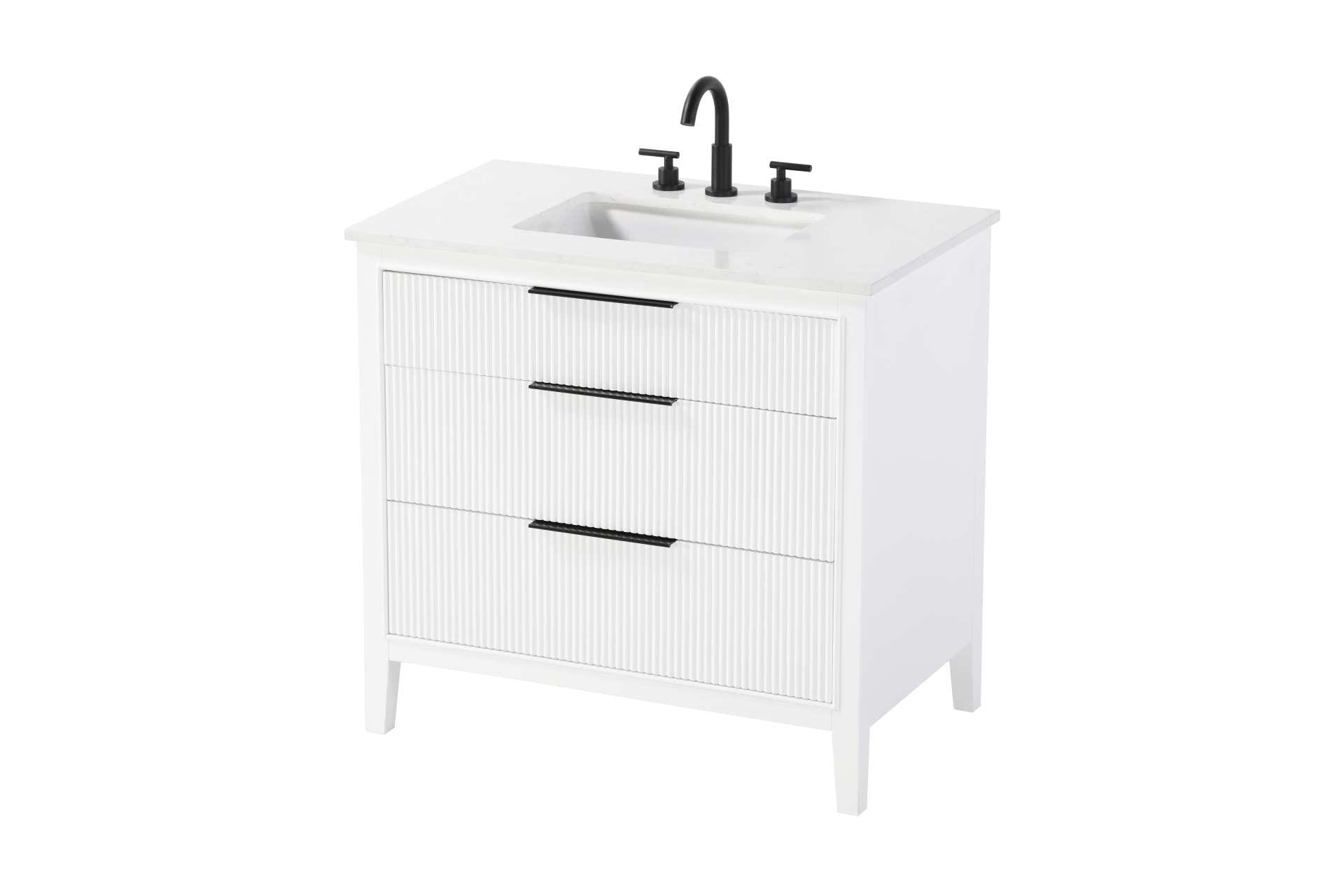 Specification Sheet
Dimensions
Length: 36"
Width: 22"
Height: 34"
Counter Top Length: 36"
Counter Top Width: 22"
Counter Top Height: 0.75"
Sink Width: 17.125"
Sink Depth: 11.625"
Sink Height: 7"
Sink Drain Hole Size: 1.75"
Faucet Hole Spacing: 8"3 Holes"
Specifications
Assembly Required: NO
Base Material: Solid wood and MDF
Counter Top Edge Style: straight
Counter Top Finish: Marble White
Distressed Finish: NO
Drain Assembly Included: NO
Faucet Included: NO
Faucet Type: Widespread
Finish (Color): White
Vanity Material: Solid Wood and MDF
Hardware Finish: black
Harware Material: Aluminum alloy
Number of Faucet Holes: 3
Number of Sinks: 1
Product Shape: Rectangle
Product Type: Bathroom Vanities
Product Warranty: 1 year limited
Sink Mounting Type: Undermount
Vanity Backsplash: NO
Vanity Mounting Type: Free-Standing
Weight: 139
Wire Included: No
Wood Type: Rubberwood
Shipment type: LTL
Drawers
Drawers Included: yes
Number of Drawers: 3
False Drawers: NO
Drawer Width: dw1: 31.125
dw2: 31.125
dw3: 31.125
Drawer Depth: dw1: 3.625
dw2: 15.125
dw3: 15.125
Drawer Height: dw1: 6.125
dw2: 9
dw3: 9
Drawer Handle Designs: Finger pulls - alternate view