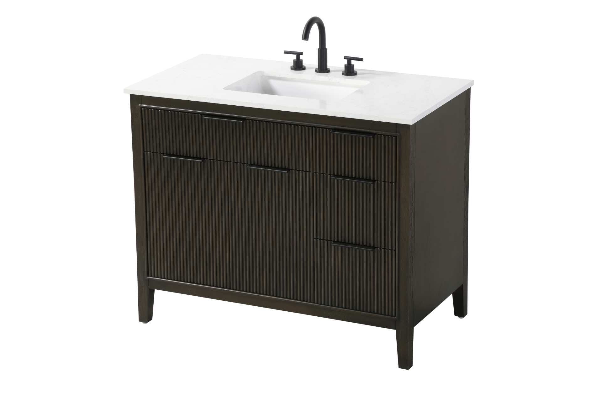 Specification Sheet
Dimensions
Length: 42"
Width: 22"
Height: 34"
Counter Top Length: 42"
Counter Top Width: 22"
Counter Top Height: 0.75"
Sink Width: 17.125"
Sink Depth: 11.625"
Sink Height: 7"
Sink Drain Hole Size: 1.75"
Faucet Hole Spacing: 8"3 Holes"
Specifications
Assembly Required: NO
Base Material: Solid wood and MDF
Counter Top Edge Style: straight
Counter Top Finish: Marble White
Distressed Finish: NO
Drain Assembly Included: NO
Faucet Included: NO
Faucet Type: Widespread
Finish (Color): Chocolate Oak
Vanity Material: Solid Wood and MDF
Hardware Finish: black
Harware Material: Aluminum alloy
Number of Faucet Holes: 3
Number of Sinks: 1
Product Shape: Rectangle
Product Type: Bathroom Vanities
Product Warranty: 1 year limited
Sink Mounting Type: Undermount
Vanity Backsplash: NO
Vanity Mounting Type: Free-Standing
Weight: 165
Wire Included: No
Wood Type: Rubberwood
Shipment type: LTL
Drawers
Drawers Included: yes
Number of Drawers: 4
False Drawers: NO
Drawer Width: dw1: 25.5
dw2:11.625
dw3: 11.625
Drawer Depth: dw1: 3.625
dw2: 15.125
dw3: 15.125
Drawer Height: dw1: 6.125
dw2: 6.125
dw3: 9
Drawer Handle Designs: Finger pulls
Shelves
Number of Shelves: 1
Shelf Width: 25.25
Cabinets
Number of Cabinets: 1
Cabinet Interior Width: 25.25
Cabinet Interior Depth: 16.875
Cabinet Interior Height: 18.125 - alternate view