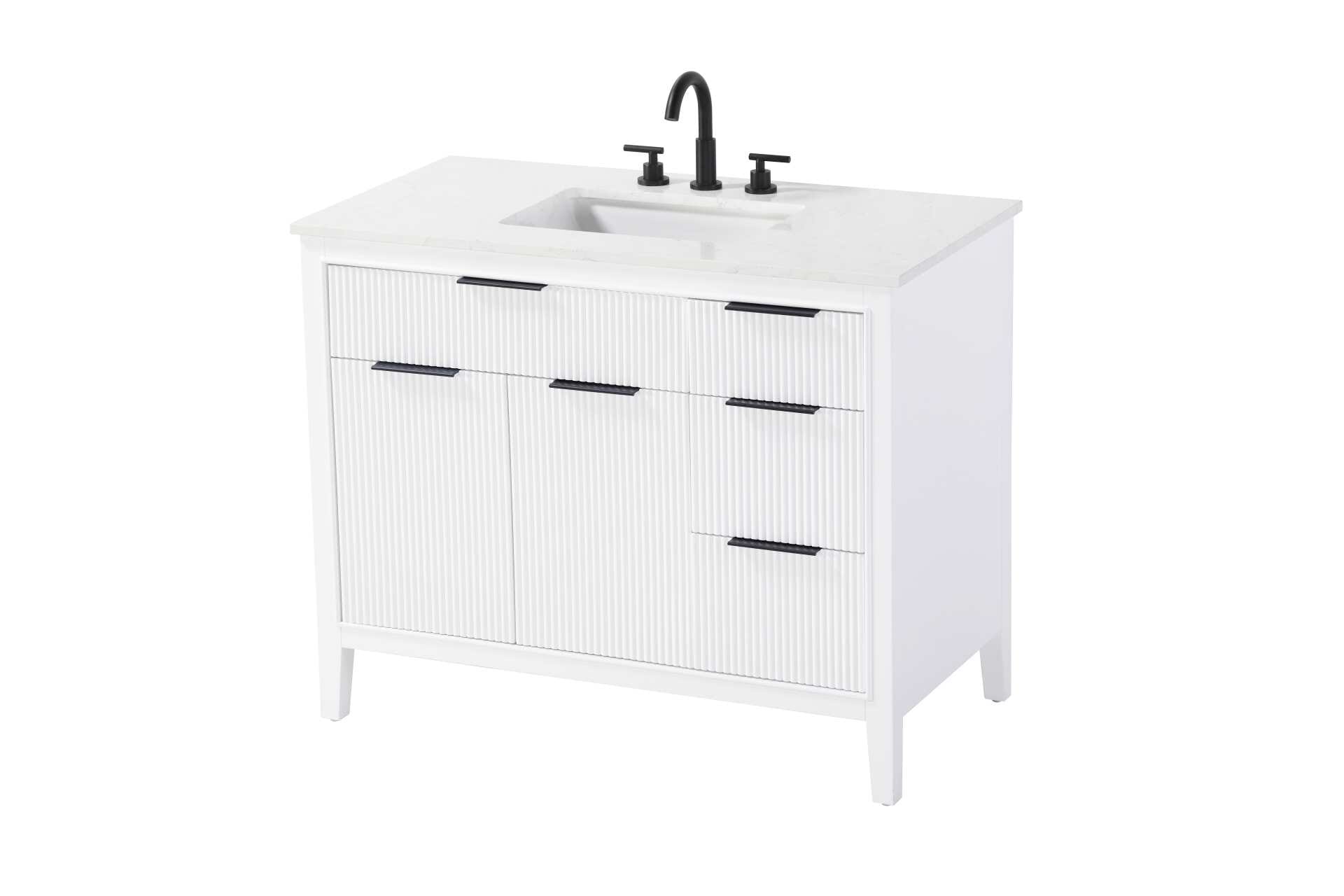 Specification Sheet
Dimensions
Length: 42"
Width: 22"
Height: 34"
Counter Top Length: 42"
Counter Top Width: 22"
Counter Top Height: 0.75"
Sink Width: 17.125"
Sink Depth: 11.625"
Sink Height: 7"
Sink Drain Hole Size: 1.75"
Faucet Hole Spacing: 8"3 Holes"
Specifications
Assembly Required: NO
Base Material: Solid wood and MDF
Counter Top Edge Style: straight
Counter Top Finish: Marble White
Distressed Finish: NO
Drain Assembly Included: NO
Faucet Included: NO
Faucet Type: Widespread
Finish (Color): White
Vanity Material: Solid Wood and MDF
Hardware Finish: black
Harware Material: Aluminum alloy
Number of Faucet Holes: 3
Number of Sinks: 1
Product Shape: Rectangle
Product Type: Bathroom Vanities
Product Warranty: 1 year limited
Sink Mounting Type: Undermount
Vanity Backsplash: NO
Vanity Mounting Type: Free-Standing
Weight: 165
Wire Included: No
Wood Type: Rubberwood
Shipment type: LTL
Drawers
Drawers Included: yes
Number of Drawers: 4
False Drawers: NO
Drawer Width: dw1: 25.5
dw2:11.625
dw3: 11.625
Drawer Depth: dw1: 3.625
dw2: 15.125
dw3: 15.125
Drawer Height: dw1: 6.125
dw2: 6.125
dw3: 9
Drawer Handle Designs: Finger pulls
Shelves
Number of Shelves: 1
Shelf Width: 25.25
Cabinets
Number of Cabinets: 1
Cabinet Interior Width: 25.25
Cabinet Interior Depth: 16.875
Cabinet Interior Height: 18.125 - alternate view