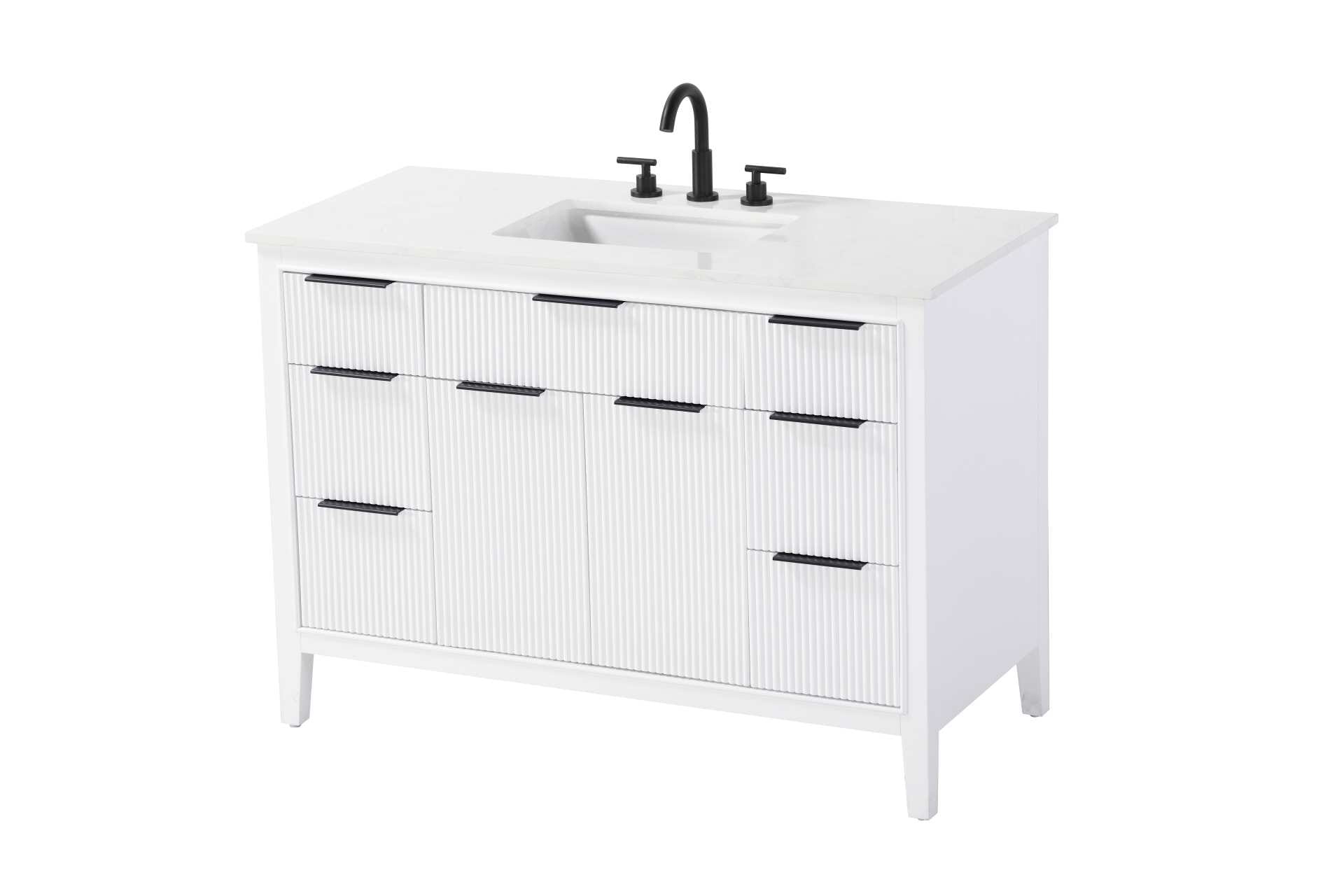 Specification Sheet
Dimensions
Length: 48"
Width: 22"
Height: 34"
Counter Top Length: 48"
Counter Top Width: 22"
Counter Top Height: 0.75"
Sink Width: 17.125"
Sink Depth: 11.625"
Sink Height: 7"
Sink Drain Hole Size: 1.75"
Faucet Hole Spacing: 8"3 Holes"
Specifications
Assembly Required: NO
Base Material: Solid wood and MDF
Counter Top Edge Style: straight
Counter Top Finish: Marble White
Distressed Finish: NO
Drain Assembly Included: NO
Faucet Included: NO
Faucet Type: Widespread
Finish (Color): White
Vanity Material: Solid Wood and MDF
Hardware Finish: black
Harware Material: Aluminum alloy
Number of Faucet Holes: 3
Number of Sinks: 1
Product Shape: Rectangle
Product Type: Bathroom Vanities
Product Warranty: 1 year limited
Sink Mounting Type: Undermount
Vanity Backsplash: NO
Vanity Mounting Type: Free-Standing
Weight: 202
Wire Included: No
Wood Type: Rubberwood
Shipment type: LTL
Drawers
Drawers Included: yes
Number of Drawers: 7
False Drawers: NO
Drawer Width: dw1: 22.5
dw2: 10.125
dw3: 10.125
Drawer Depth: dw1: 3.625
dw2: 15.125
dw3: 15.125
Drawer Height: dw1: 6.125
dw2: 6.125
dw3: 9
Drawer Handle Designs: Finger pulls
Shelves
Number of Shelves: 1
Shelf Width: 22.5
Cabinets
Number of Cabinets: 1
Cabinet Interior Width: 22.5
Cabinet Interior Depth: 16.875
Cabinet Interior Height: 18.125 - alternate view