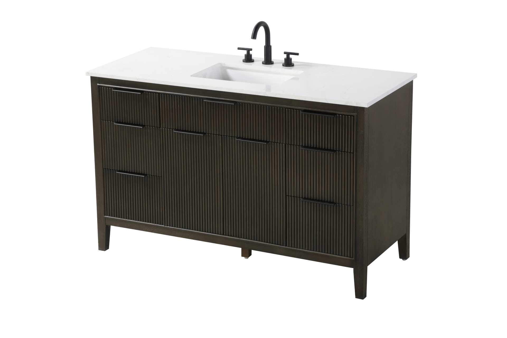 Specification Sheet
Dimensions
Length: 54"
Width: 22"
Height: 34"
Counter Top Length: 54"
Counter Top Width: 22"
Counter Top Height: 0.75"
Sink Width: 17.125"
Sink Depth: 11.625"
Sink Height: 7"
Sink Drain Hole Size: 1.75"
Faucet Hole Spacing: 8"3 Holes"
Specifications
Assembly Required: NO
Base Material: Solid wood and MDF
Counter Top Edge Style: straight
Counter Top Finish: Marble White
Distressed Finish: NO
Drain Assembly Included: NO
Faucet Included: NO
Faucet Type: Widespread
Finish (Color): Chocolate Oak
Vanity Material: Solid Wood and MDF
Hardware Finish: black
Harware Material: Aluminum alloy
Number of Faucet Holes: 3
Number of Sinks: 1
Product Shape: Rectangle
Product Type: Bathroom Vanities
Product Warranty: 1 year limited
Sink Mounting Type: Undermount
Vanity Backsplash: NO
Vanity Mounting Type: Free-Standing
Weight: 224
Wire Included: No
Wood Type: Rubberwood
Shipment type: LTL
Drawers
Drawers Included: yes
Number of Drawers: 7
False Drawers: NO
Drawer Width: dw1: 24.5
dw2: 12.125
dw3: 12.125
Drawer Depth: dw1: 3.625
dw2: 15.125
dw3: 15.125
Drawer Height: dw1: 6.125
dw2: 6.125
dw3: 9
Drawer Handle Designs: Finger pulls
Shelves
Number of Shelves: 1
Shelf Width: 24.25
Cabinets
Number of Cabinets: 1
Cabinet Interior Width: 24.25
Cabinet Interior Depth: 16.875
Cabinet Interior Height: 18.125 - alternate view