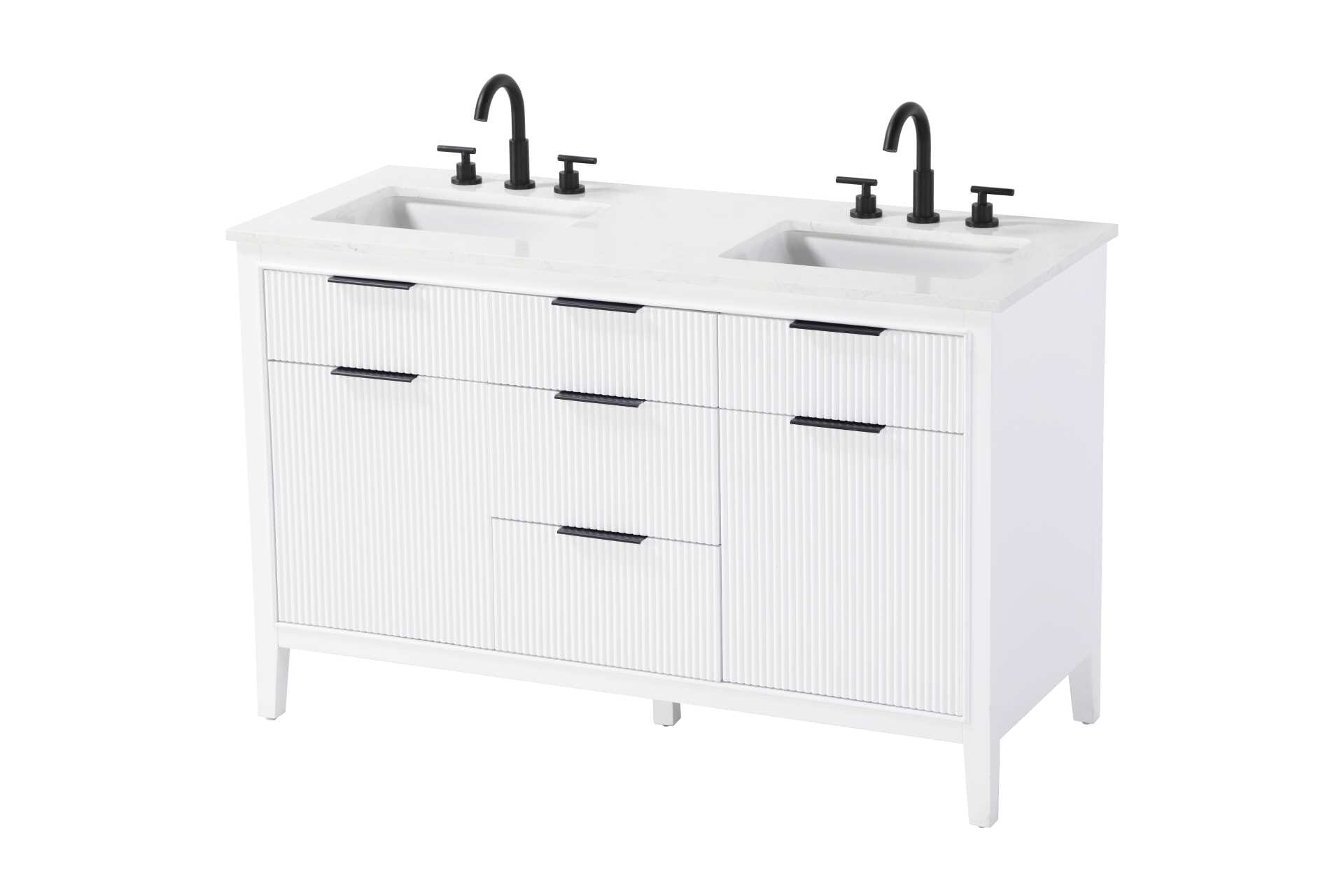 Specification Sheet
Dimensions
Length: 54"
Width: 22"
Height: 34"
Counter Top Length: 54"
Counter Top Width: 22"
Counter Top Height: 0.75"
Sink Width: 17.125"
Sink Depth: 11.625"
Sink Height: 7"
Sink Drain Hole Size: 1.75"
Faucet Hole Spacing: 8"3 Holes"
Specifications
Assembly Required: NO
Base Material: Solid wood and MDF
Counter Top Edge Style: straight
Counter Top Finish: Marble White
Distressed Finish: NO
Drain Assembly Included: NO
Faucet Included: NO
Faucet Type: Widespread
Finish (Color): White
Vanity Material: Solid Wood and MDF
Hardware Finish: black
Harware Material: Aluminum alloy
Number of Faucet Holes: 6
Number of Sinks: 2
Product Shape: Rectangle
Product Type: Bathroom Vanities
Product Warranty: 1 year limited
Sink Mounting Type: Undermount
Vanity Backsplash: NO
Vanity Mounting Type: Free-Standing
Weight: 202
Wire Included: No
Wood Type: Rubberwood
Shipment type: LTL
Drawers
Drawers Included: yes
Number of Drawers: 5
False Drawers: NO
Drawer Width: dw1: 16.25
dw2: 16.25
dw3: 16.25
Drawer Depth: dw1: 3.625
dw2: 15.125
dw3: 15.125
Drawer Height: dw1: 6.125
dw2: 6.125
dw3: 9
Drawer Handle Designs: Finger pulls
Shelves
Number of Shelves: 2
Shelf Width: 16.25
Cabinets
Number of Cabinets: 2
Cabinet Interior Width: 16.25
Cabinet Interior Depth: 16.875
Cabinet Interior Height: 18.125 - alternate view