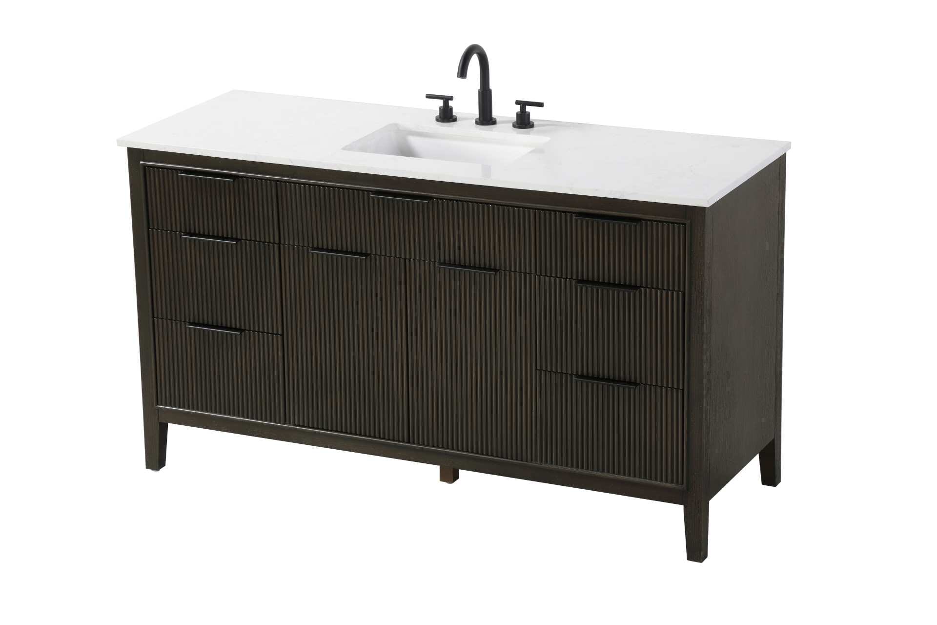 Specification Sheet
Dimensions
Length: 60"
Width: 22"
Height: 34"
Counter Top Length: 60"
Counter Top Width: 22"
Counter Top Height: 0.75"
Sink Width: 17.125"
Sink Depth: 11.625"
Sink Height: 7"
Sink Drain Hole Size: 1.75"
Faucet Hole Spacing: 8"3 Holes"
Specifications
Assembly Required: NO
Base Material: Solid wood and MDF
Counter Top Edge Style: straight
Counter Top Finish: Marble White
Distressed Finish: NO
Drain Assembly Included: NO
Faucet Included: NO
Faucet Type: Widespread
Finish (Color): Chocolate Oak
Vanity Material: Solid Wood and MDF
Hardware Finish: black
Harware Material: Aluminum alloy
Number of Faucet Holes: 3
Number of Sinks: 1
Product Shape: Rectangle
Product Type: Bathroom Vanities
Product Warranty: 1 year limited
Sink Mounting Type: Undermount
Vanity Backsplash: NO
Vanity Mounting Type: Free-Standing
Weight: 240
Wire Included: No
Wood Type: Rubberwood
Shipment type: LTL
Drawers
Drawers Included: yes
Number of Drawers: 7
False Drawers: NO
Drawer Width: dw1: 26.5
dw2: 14.25
dw3: 14.25
Drawer Depth: dw1: 3.625
dw2: 15.125
dw3: 15.125
Drawer Height: dw1: 6.125
dw2: 6.125
dw3: 9
Drawer Handle Designs: Finger pulls
Shelves
Number of Shelves: 1
Shelf Width: 26.5
Cabinets
Number of Cabinets: 1
Cabinet Interior Width: 26.5
Cabinet Interior Depth: 16.875
Cabinet Interior Height: 18.125 - alternate view