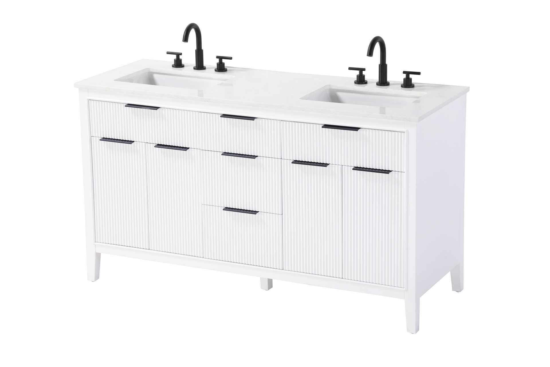 Specification Sheet
Dimensions
Length: 60"
Width: 22"
Height: 34"
Counter Top Length: 60"
Counter Top Width: 22"
Counter Top Height: 0.75"
Sink Width: 17.125"
Sink Depth: 11.625"
Sink Height: 7"
Sink Drain Hole Size: 1.75"
Faucet Hole Spacing: 8"3 Holes"
Specifications
Assembly Required: NO
Base Material: Solid wood and MDF
Counter Top Edge Style: straight
Counter Top Finish: Marble White
Distressed Finish: NO
Drain Assembly Included: NO
Faucet Included: NO
Faucet Type: Widespread
Finish (Color): White
Vanity Material: Solid Wood and MDF
Hardware Finish: black
Harware Material: Aluminum alloy
Number of Faucet Holes: 6
Number of Sinks: 2
Product Shape: Rectangle
Product Type: Bathroom Vanities
Product Warranty: 1 year limited
Sink Mounting Type: Undermount
Vanity Backsplash: NO
Vanity Mounting Type: Free-Standing
Weight: 220
Wire Included: No
Wood Type: Rubberwood
Shipment type: LTL
Drawers
Drawers Included: yes
Number of Drawers: 5
False Drawers: NO
Drawer Width: dw1: 20.375
dw2: 14.25
dw3: 14.25
Drawer Depth: dw1: 3.625
dw2: 15.125
dw3: 15.125
Drawer Height: dw1: 6.125
dw2: 6.125
dw3: 9
Drawer Handle Designs: Finger pulls
Shelves
Number of Shelves: 2
Shelf Width: 20.25
Cabinets
Number of Cabinets: 2
Cabinet Interior Width: 20.25
Cabinet Interior Depth: 16.875
Cabinet Interior Height: 18.125 - alternate view